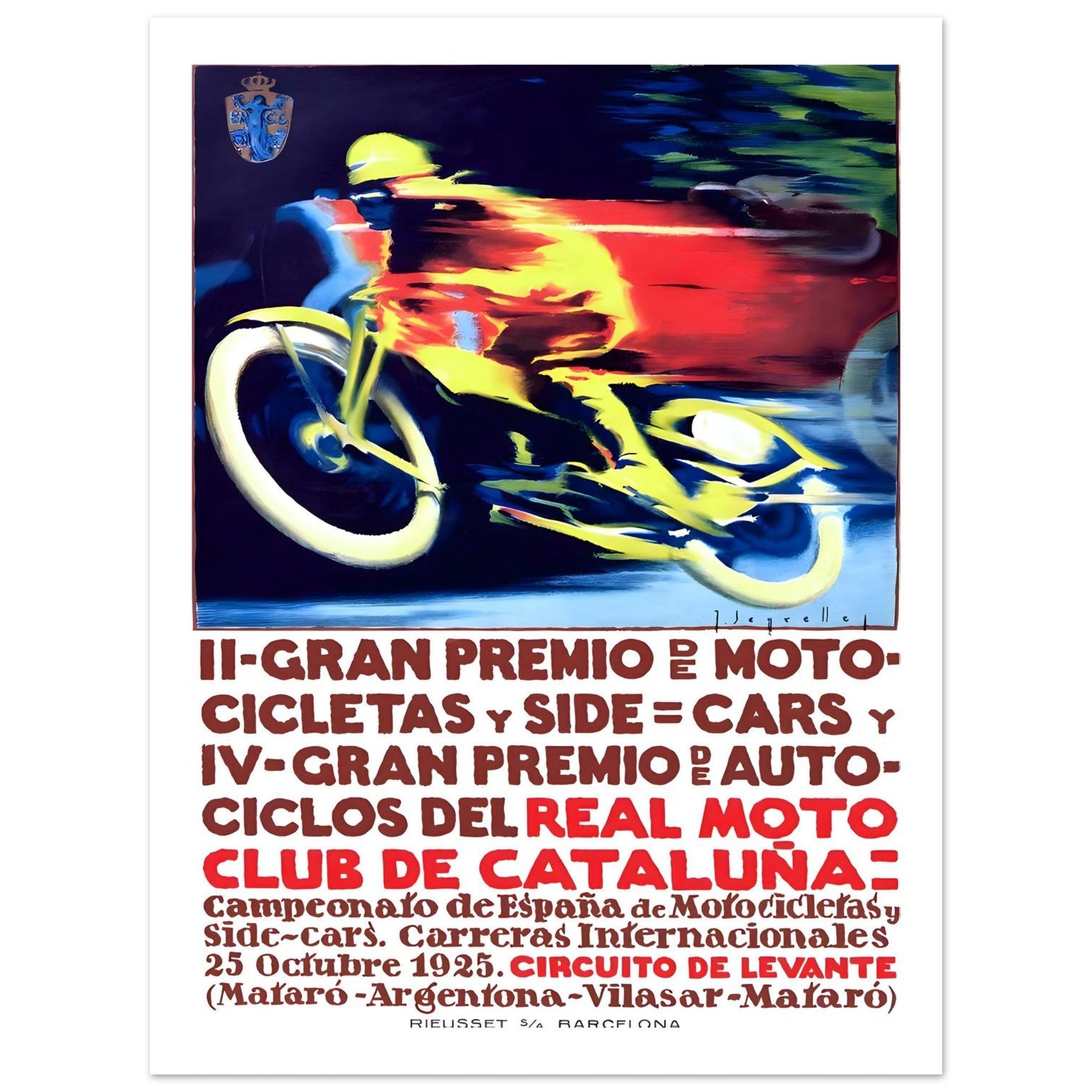 1925 Gran Premio de Cataluña motorcycle poster featuring vivid colors and a racing motorcycle design.