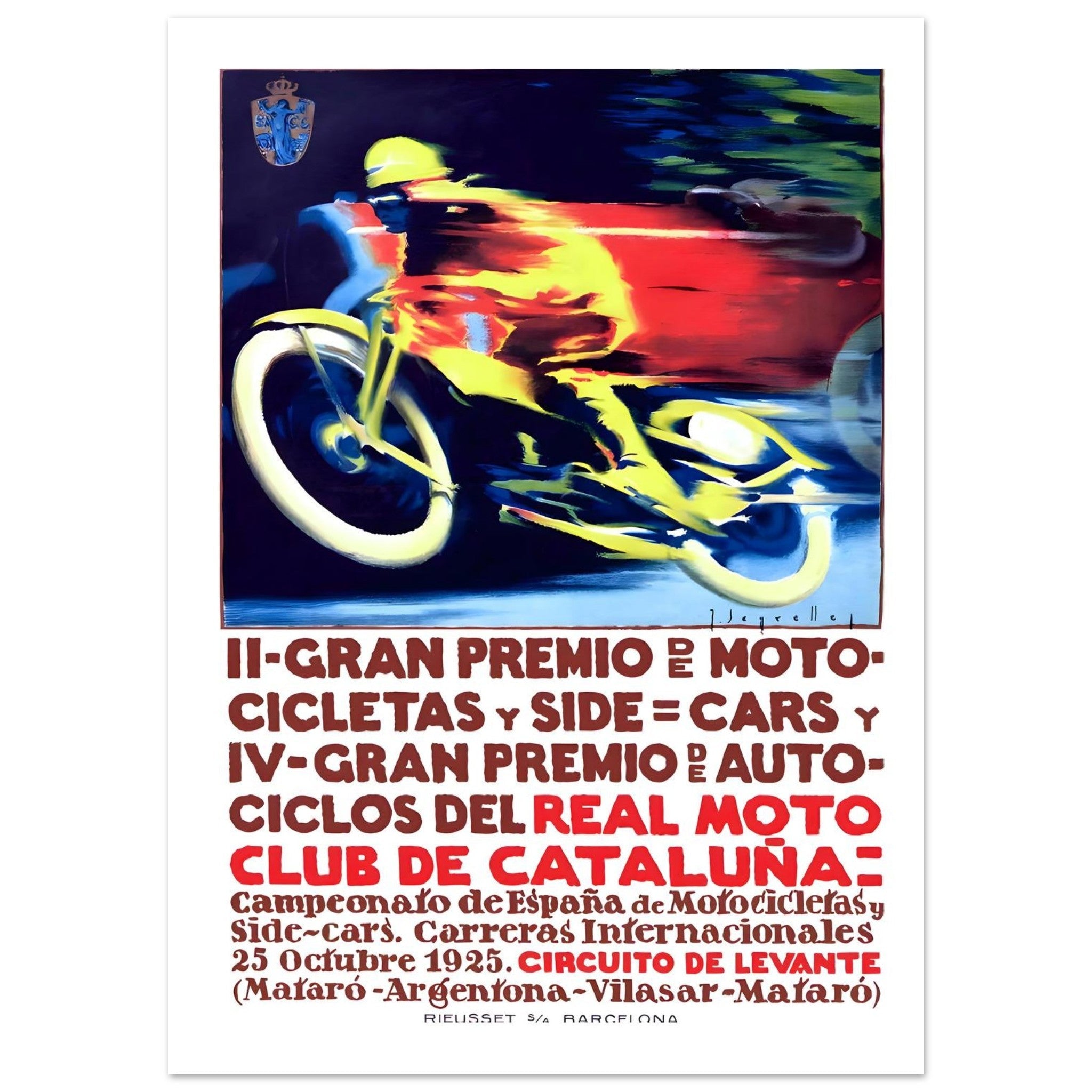 1925 Gran Premio de Cataluña motorcycle poster featuring a dynamic motorcycle racing design.