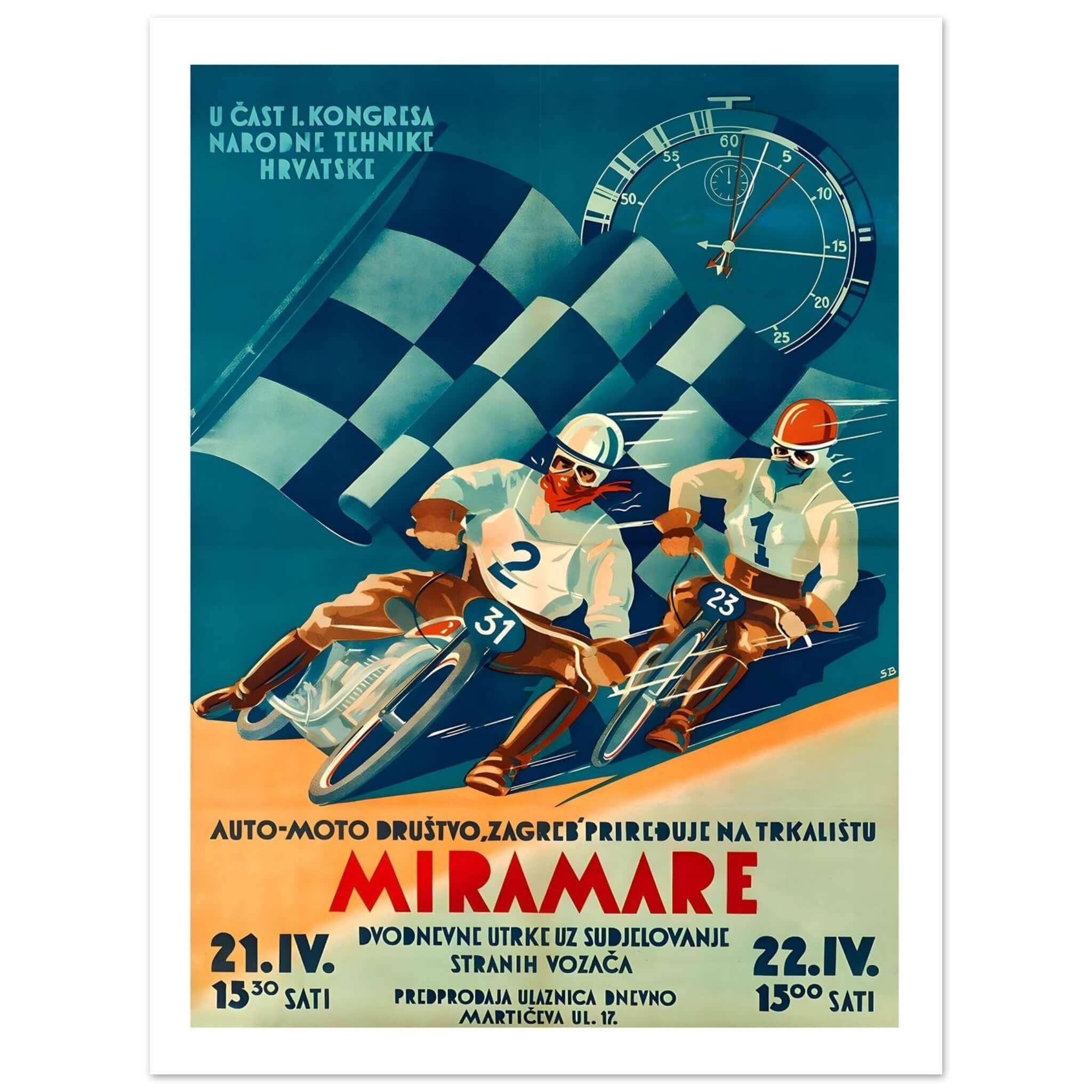 1950s Miramare Auto-Moto Race Poster This vibrant 1950s poster promotes the Miramare auto and motorcycle races, hosted by the Auto-Moto Club in Zagreb. The artwork features two racers, one on a motorcycle and the other in a sidecar, speeding toward the fi