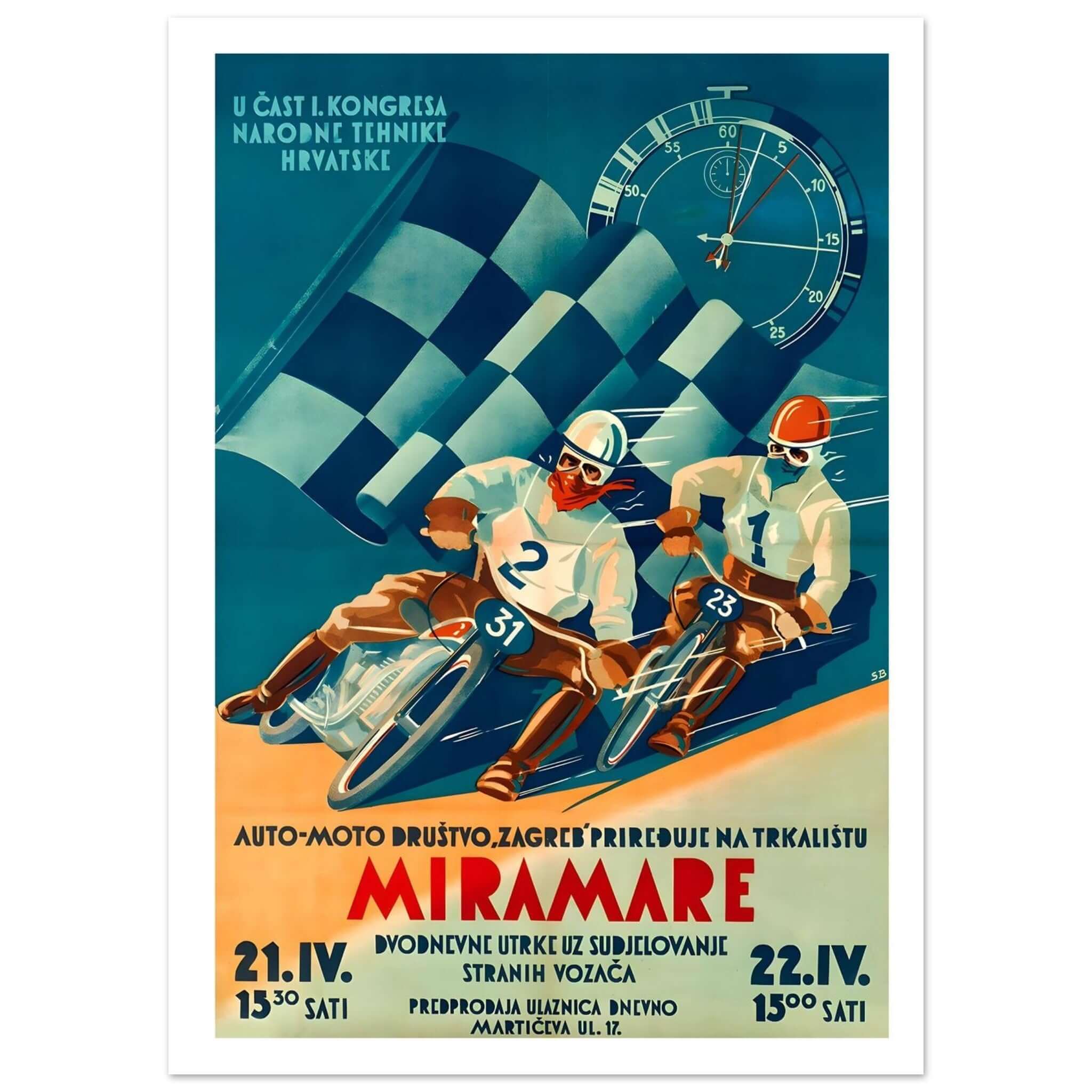 1950s Miramare Auto-Moto Race Poster This vibrant 1950s poster promotes the Miramare auto and motorcycle races, hosted by the Auto-Moto Club in Zagreb. The artwork features two racers, one on a motorcycle and the other in a sidecar, speeding toward the fi