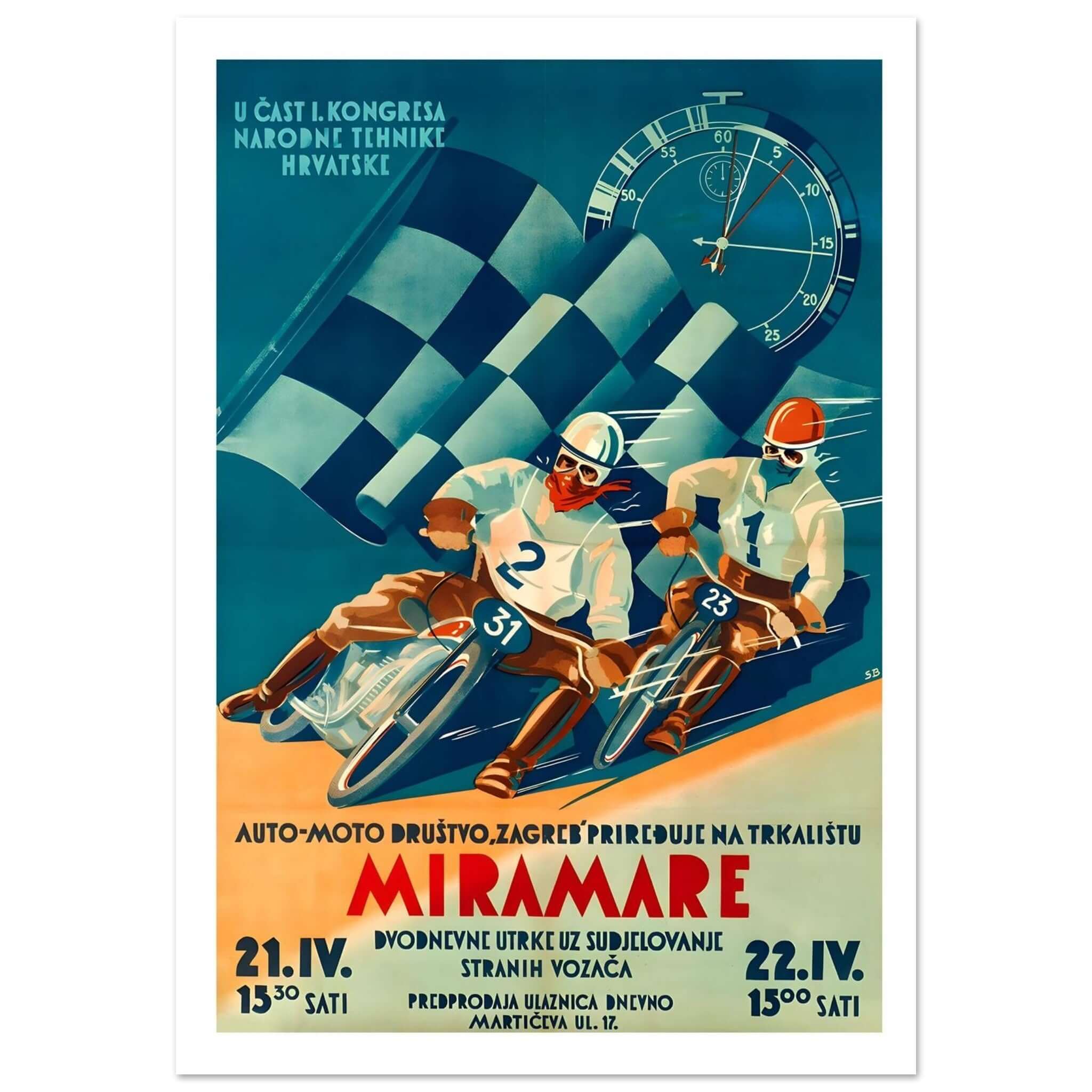 1950s Miramare Auto-Moto Race Poster This vibrant 1950s poster promotes the Miramare auto and motorcycle races, hosted by the Auto-Moto Club in Zagreb. The artwork features two racers, one on a motorcycle and the other in a sidecar, speeding toward the fi
