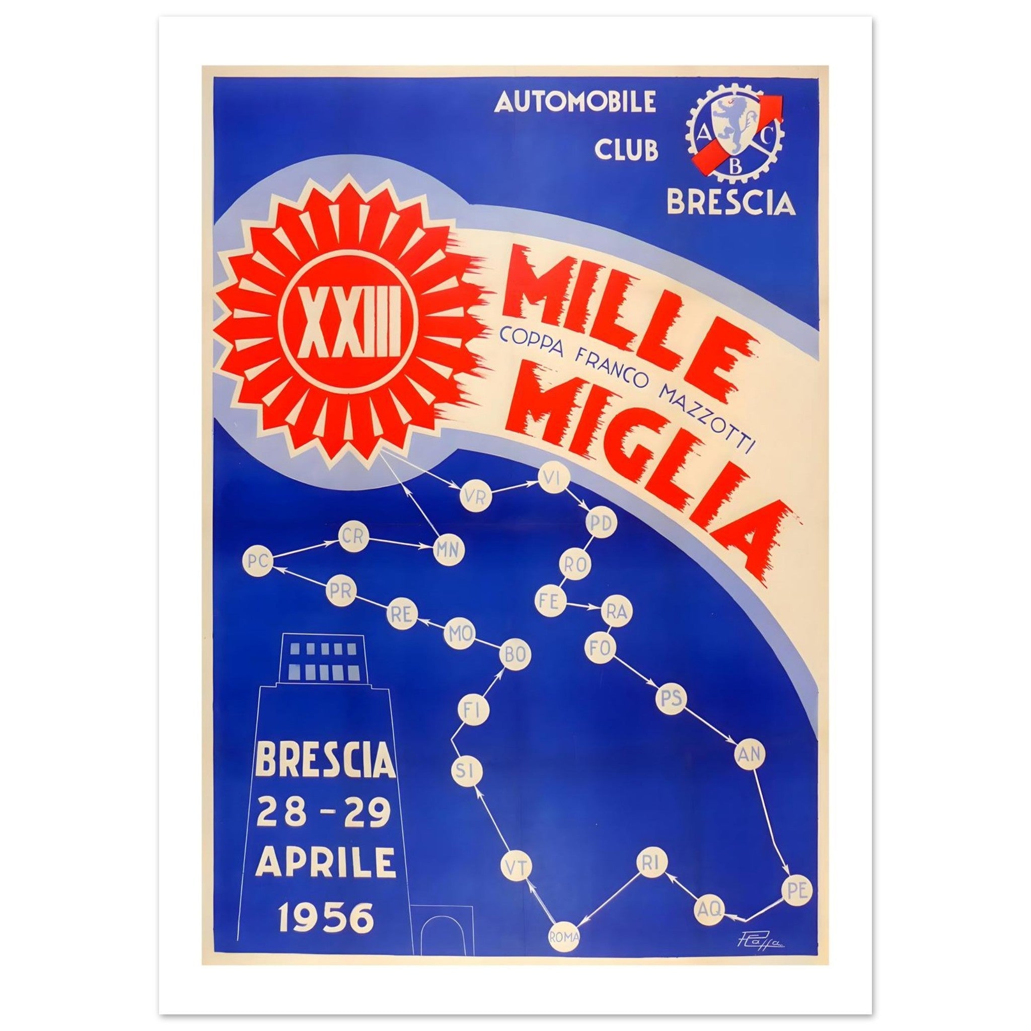 1956 Mille Miglia Brescia Route Poster - Transit Art