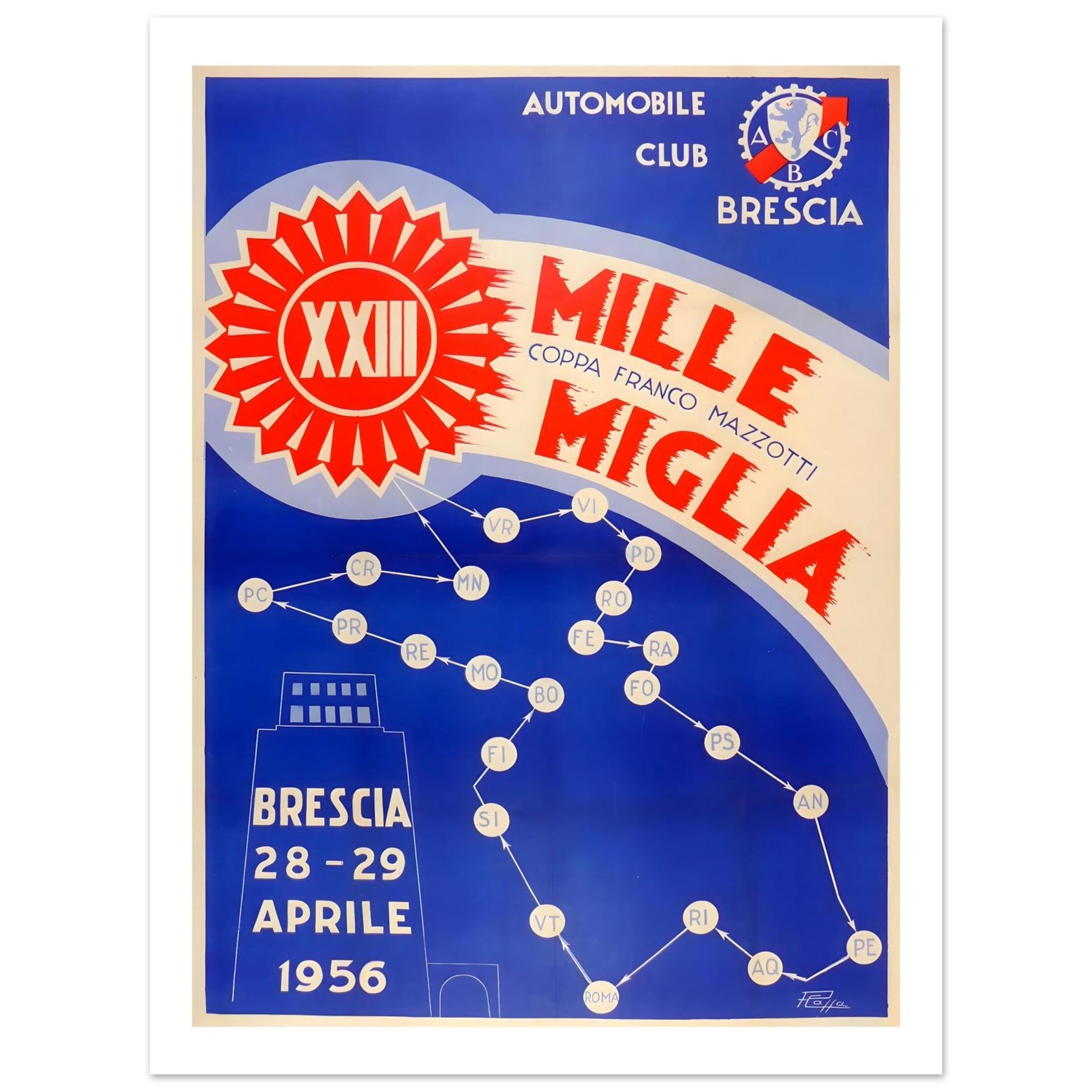 1956 Mille Miglia Brescia Route Poster - Transit Art
