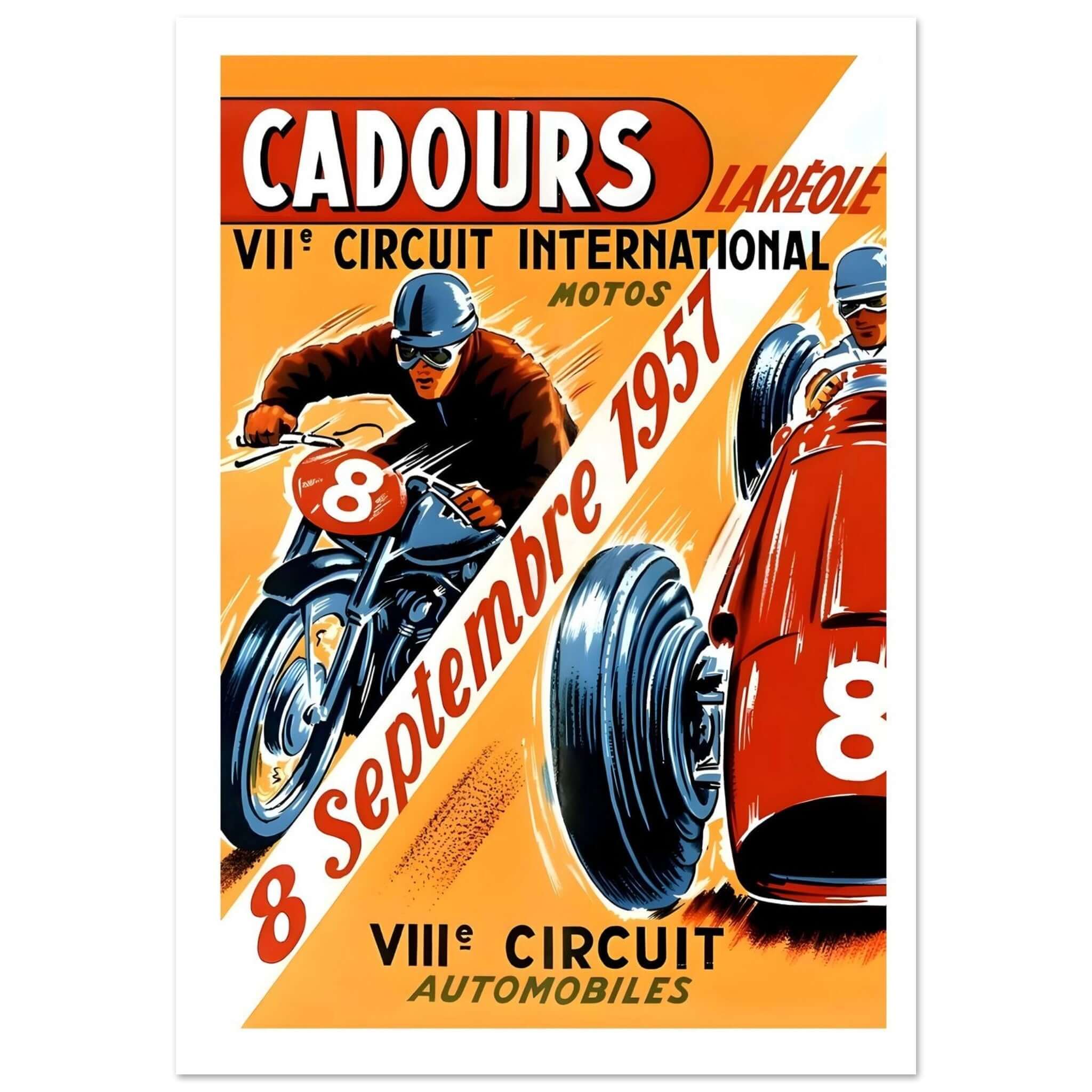 1957 Cadours-La Réole International Circuit Poster This colorful 1957 poster promotes the VII International Circuit at Cadours-La Réole, featuring both motorcycle and automobile races. The dynamic design showcases a motorcyclist and a race car