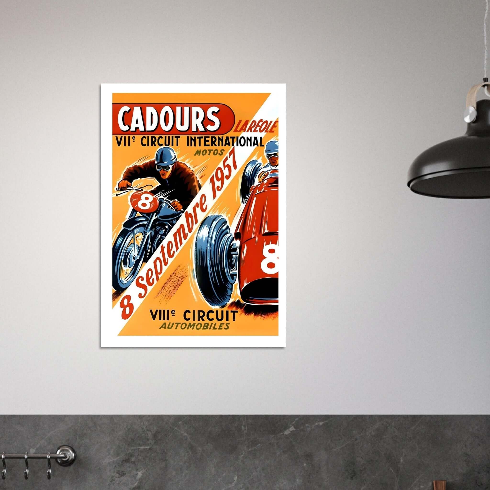 1957 Cadours-La Réole International Circuit Poster This colorful 1957 poster promotes the VII International Circuit at Cadours-La Réole, featuring both motorcycle and automobile races. The dynamic design showcases a motorcyclist and a race car