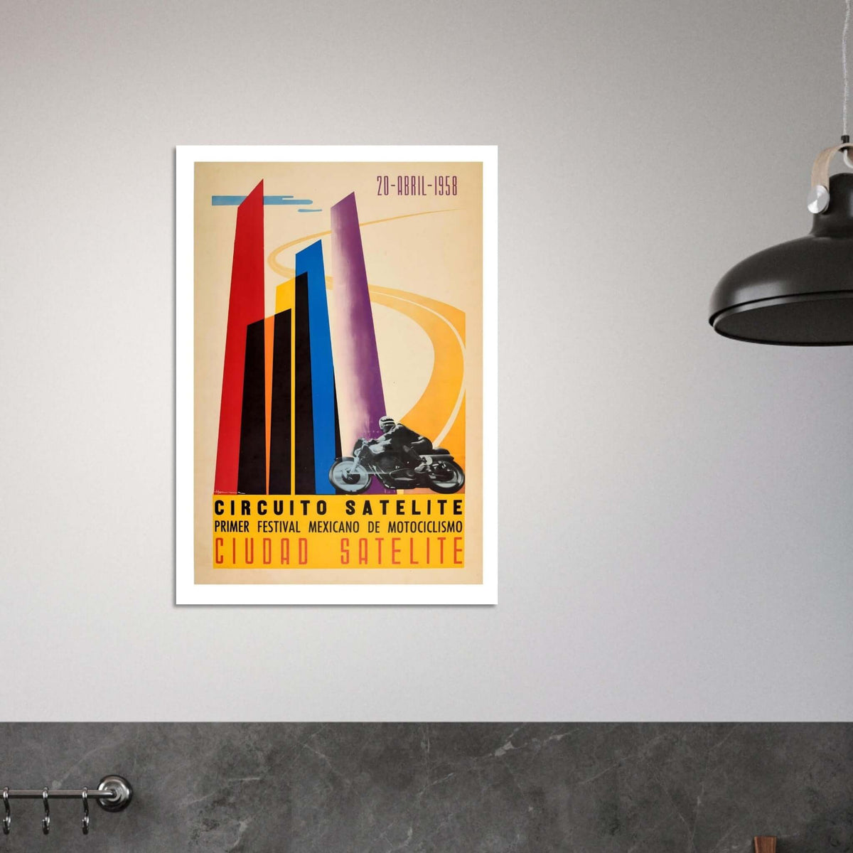 1958 Mexican Motorcycle Festival Poster This vibrant 1958 poster promotes the "Primer Festival Mexicano de Motociclismo" held at the Circuito Satélite in Ciudad Satélite. The design features a dynamic composition of colorful, angular pillars in red