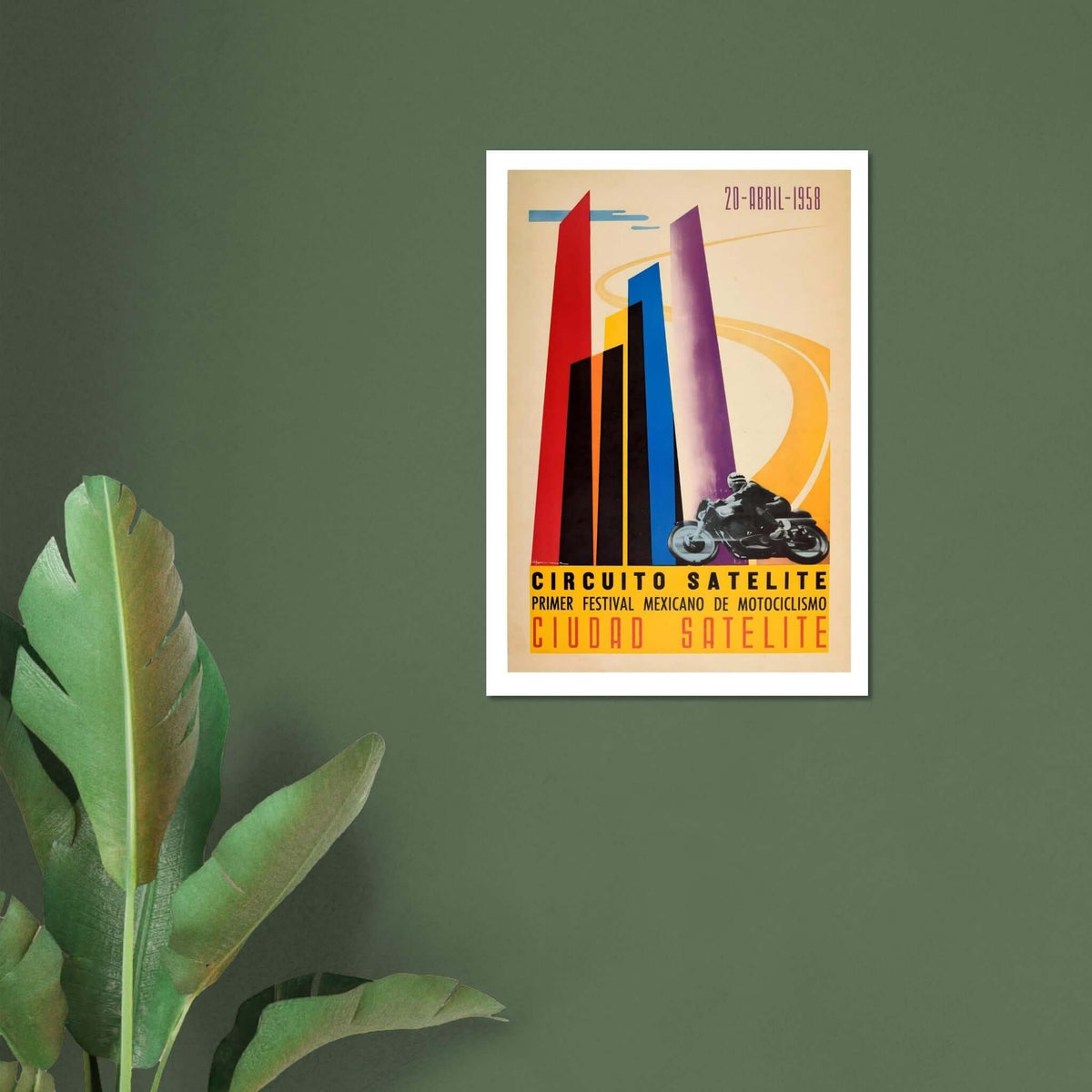 1958 Mexican Motorcycle Festival Poster This vibrant 1958 poster promotes the "Primer Festival Mexicano de Motociclismo" held at the Circuito Satélite in Ciudad Satélite. The design features a dynamic composition of colorful, angular pillars in red