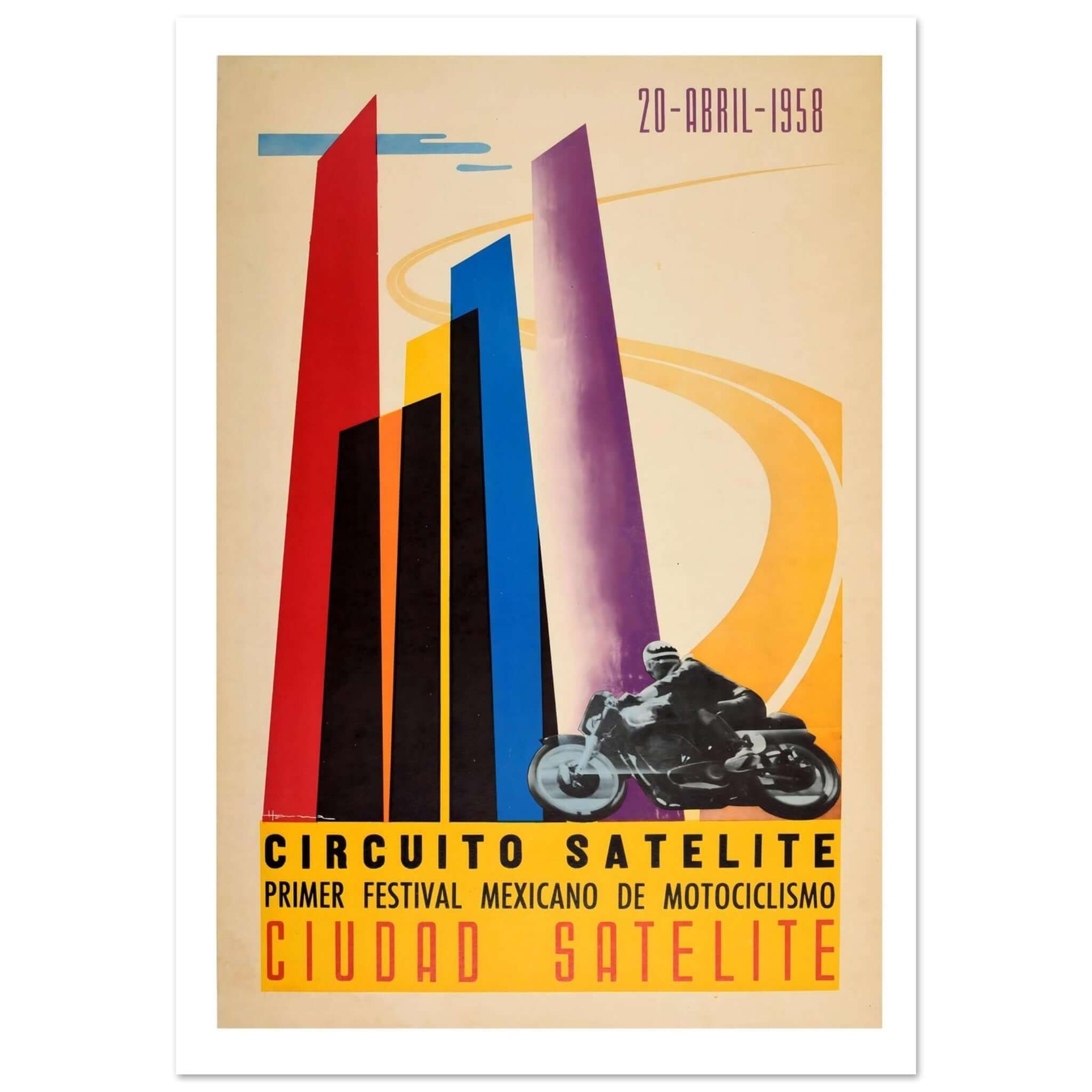 1958 Mexican Motorcycle Festival Poster This vibrant 1958 poster promotes the "Primer Festival Mexicano de Motociclismo" held at the Circuito Satélite in Ciudad Satélite. The design features a dynamic composition of colorful, angular pillars in red