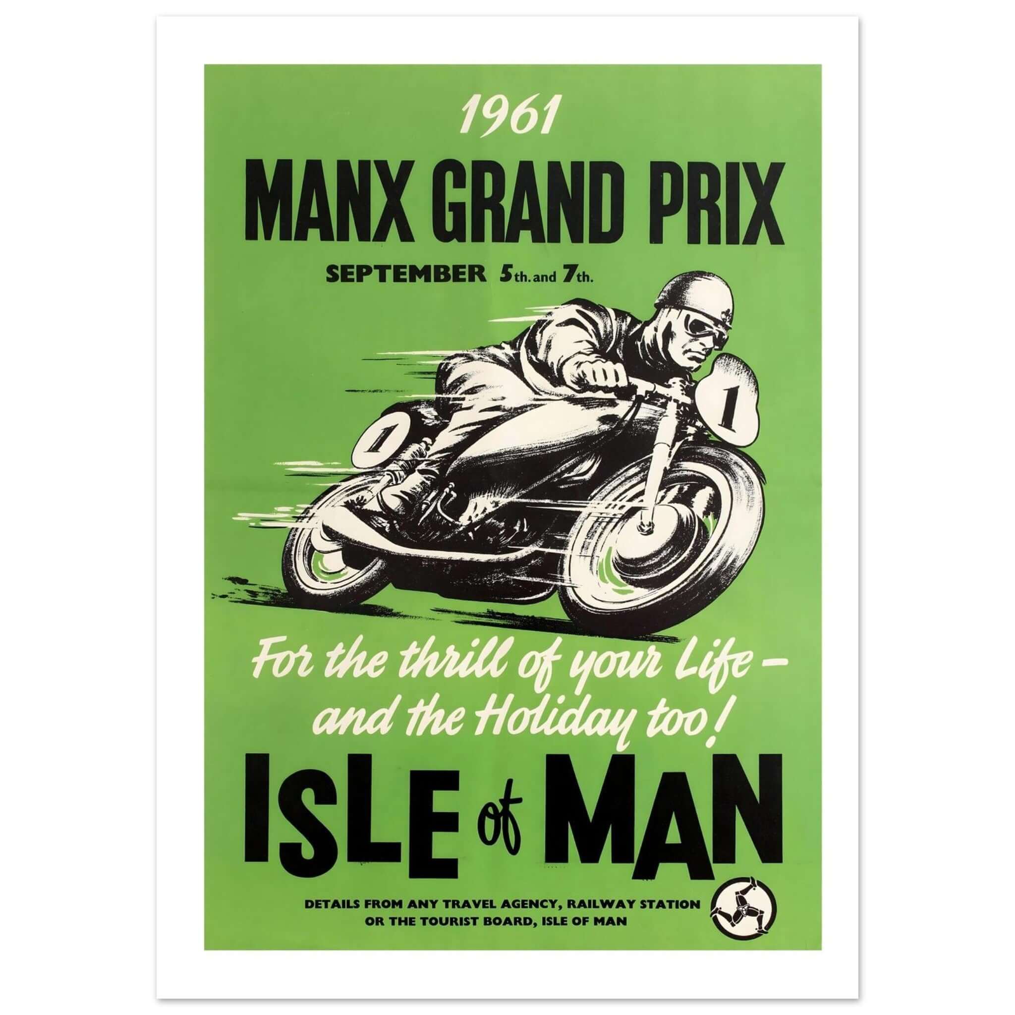 1961 Manx Grand Prix Isle of Man Poster This vintage 1961 poster promotes the iconic Manx Grand Prix, held on September 5th and 7th, on the Isle of Man. The striking green background emphasizes the thrill of motorcycle racing, with a dynamic illustration