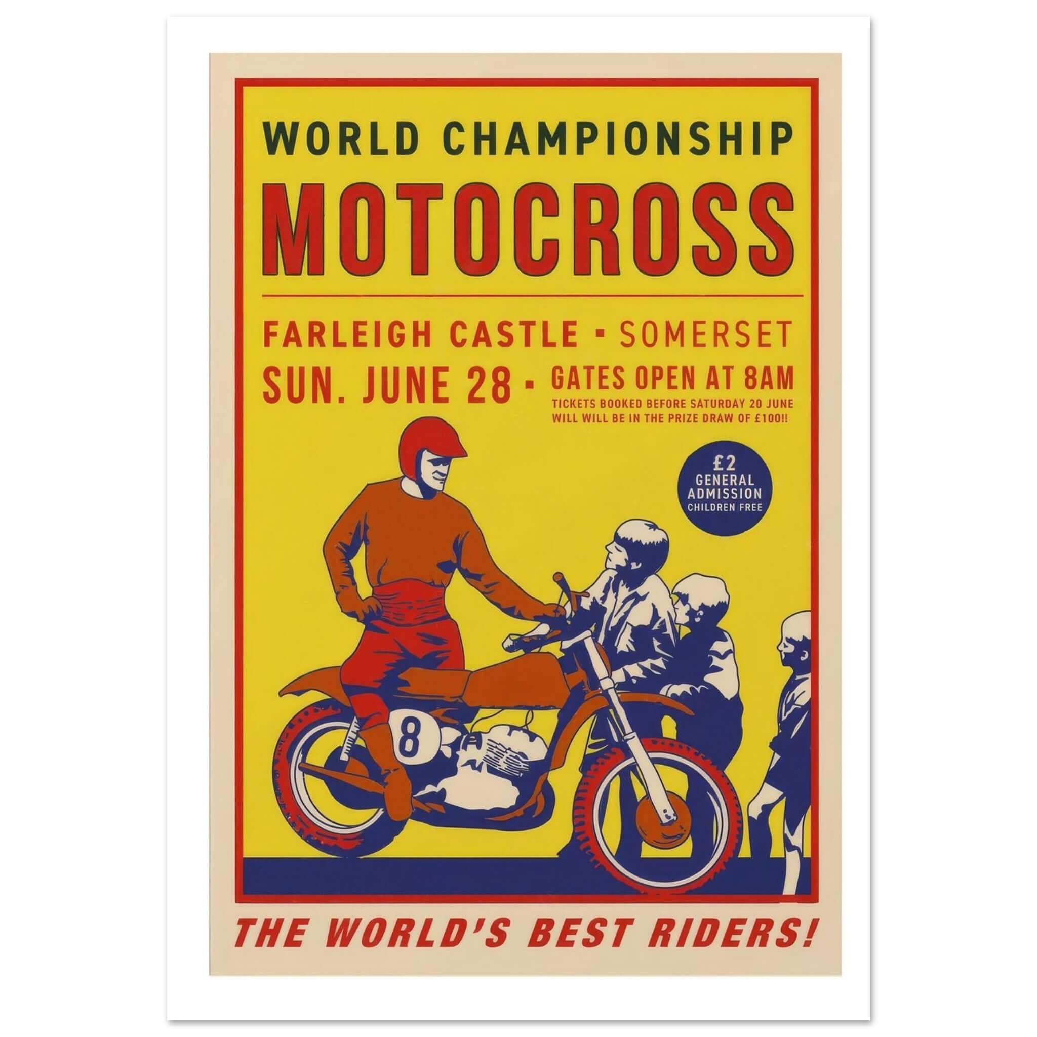 1975 World Championship Motocross Poster This bold and colorful 1975 poster promotes the World Championship Motocross event at Farleigh Castle in Somerset, set for Sunday, June 28. The bright yellow and red color scheme captures the viewer's attention, wi