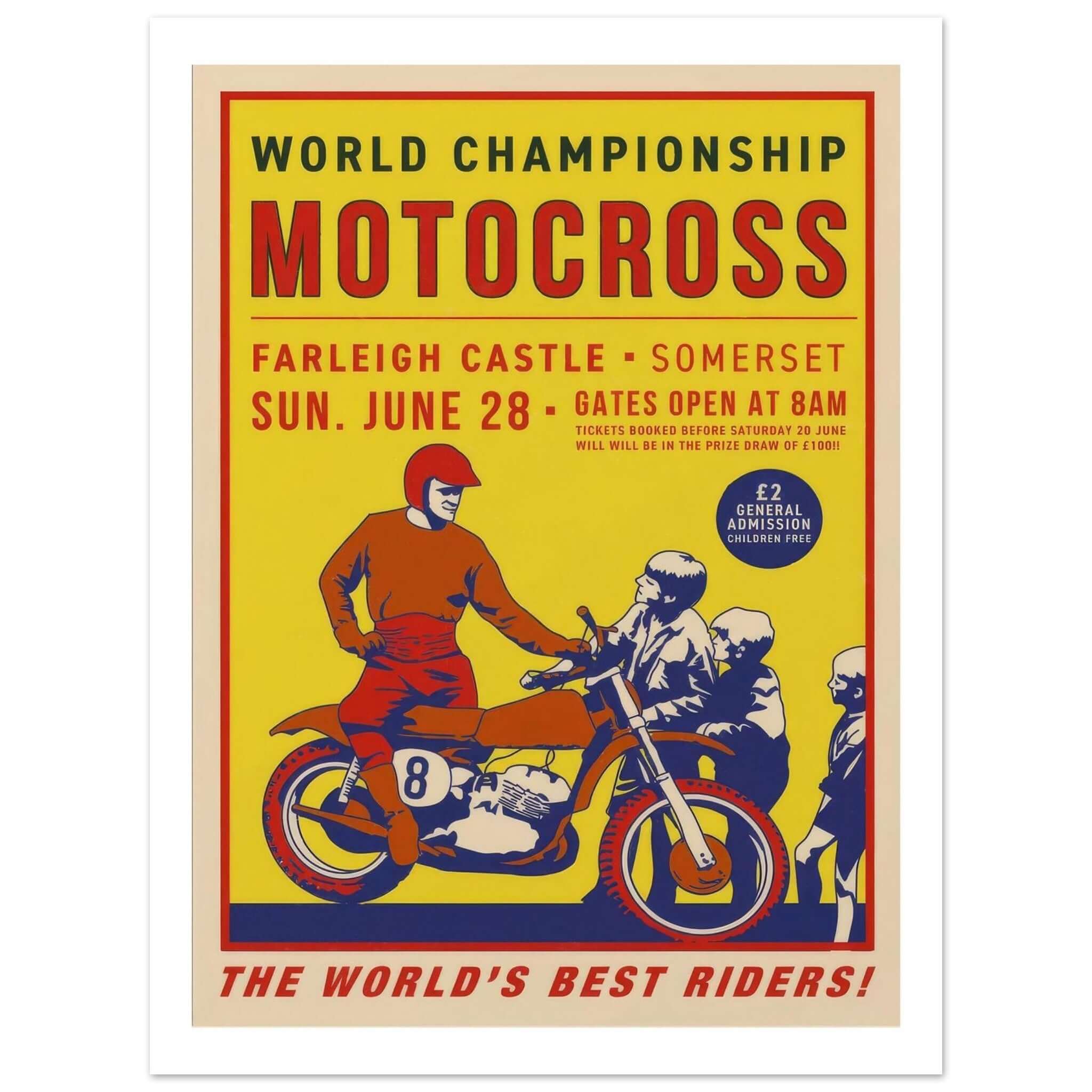 1975 World Championship Motocross Poster This bold and colorful 1975 poster promotes the World Championship Motocross event at Farleigh Castle in Somerset, set for Sunday, June 28. The bright yellow and red color scheme captures the viewer's attention, wi