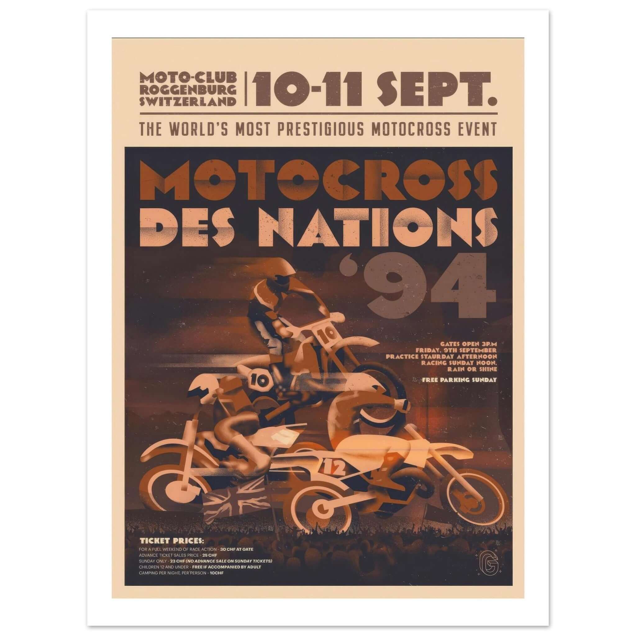 1994 Motocross des Nations Poster This 1994 poster promotes the prestigious Motocross des Nations event held at the Moto-Club Roggenburg in Switzerland on September 10-11. The design features dynamic illustrations of two motocross riders racing side by si