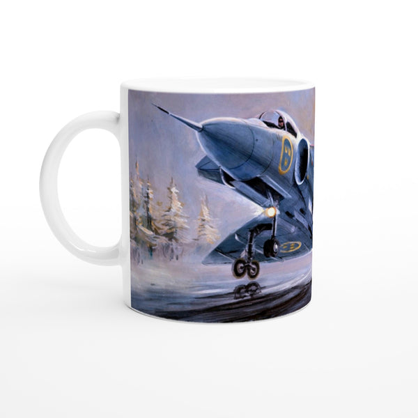 Coffee mug showing the SAAB fighter jet J35 Viggen landing on a swedish road base in bad weather.