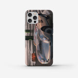 Mobile case showing the Porsche 550 Spyder owned by James Dean, positioned on a beach in California