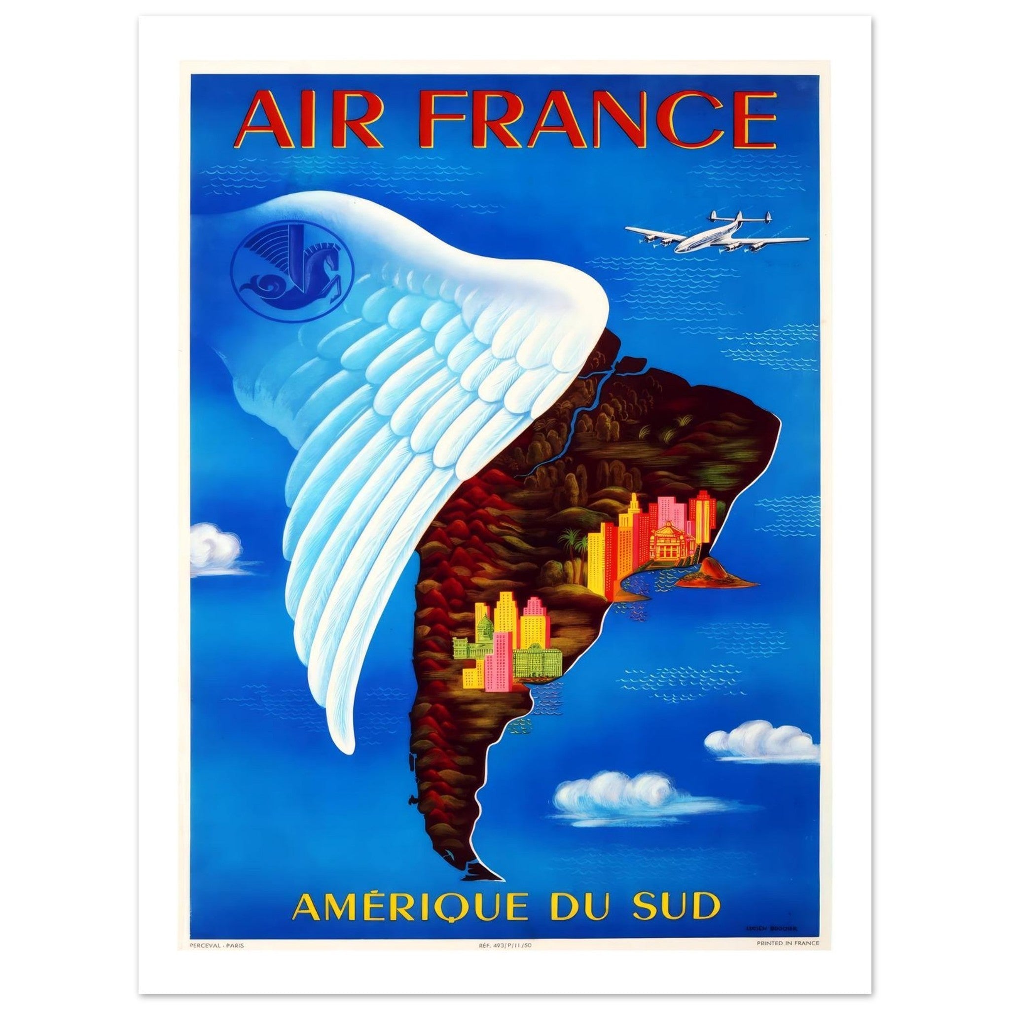 Air France Amérique Du Sud Winged Map Poster - Transit Art