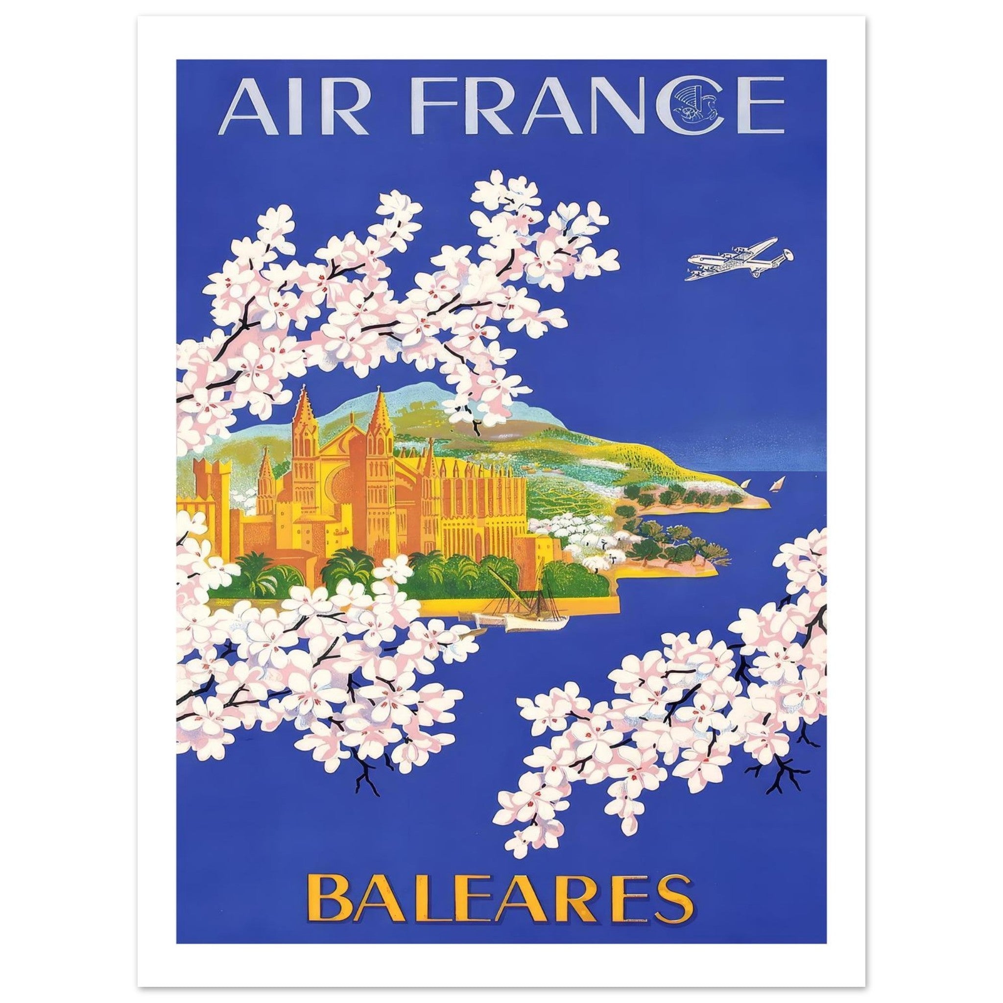 Air France Baleares Vintage Scenic Blossom Travel Poster - Transit Art