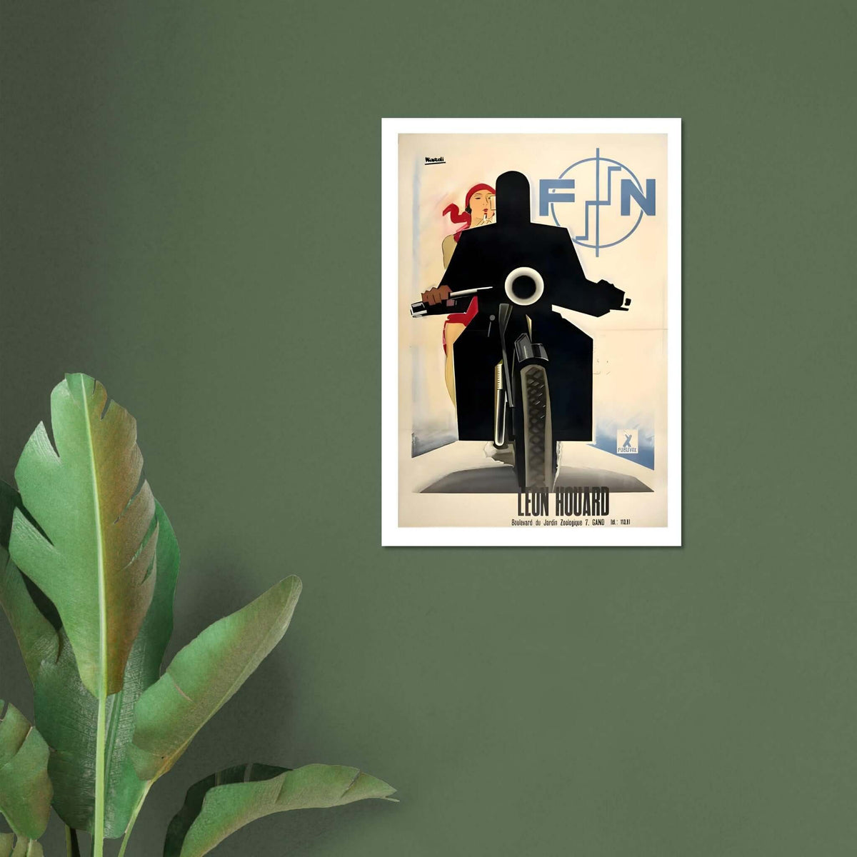 Art Deco FN motorcycle poster showcasing bold silhouette of rider and woman, vibrant red scarf, sleek design.