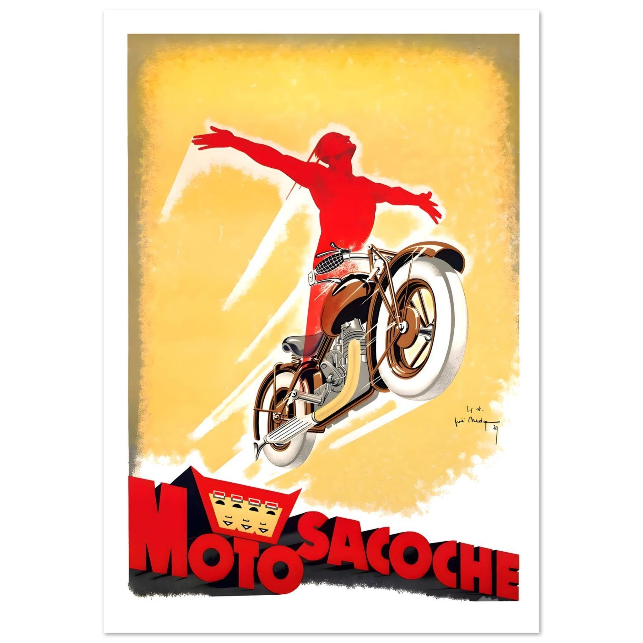 Art Deco Motosacoche Poster Featuring Red Rider Silhouette - Transit Art