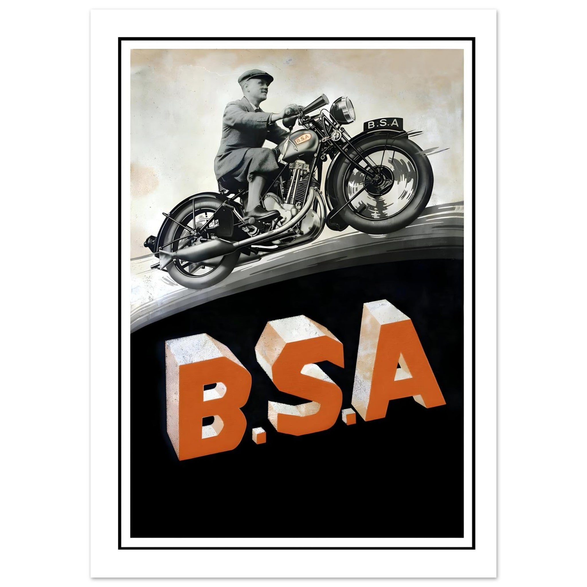Classic BSA motorcycle poster featuring a vintage biker performing a stunt with bold B.S.A. letters.