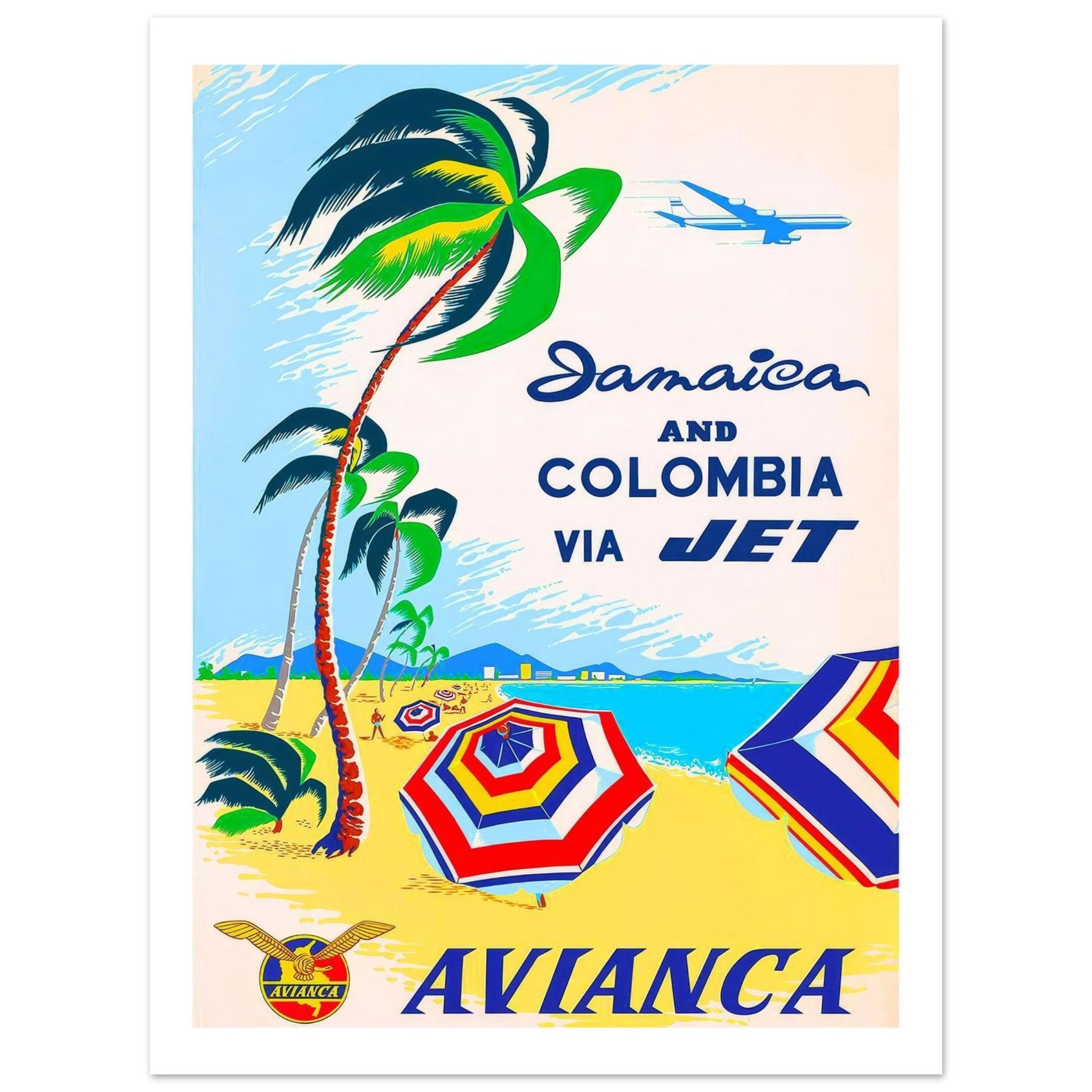 Colorful Vintage Avianca Poster For Jamaica And Colombia - Transit Art