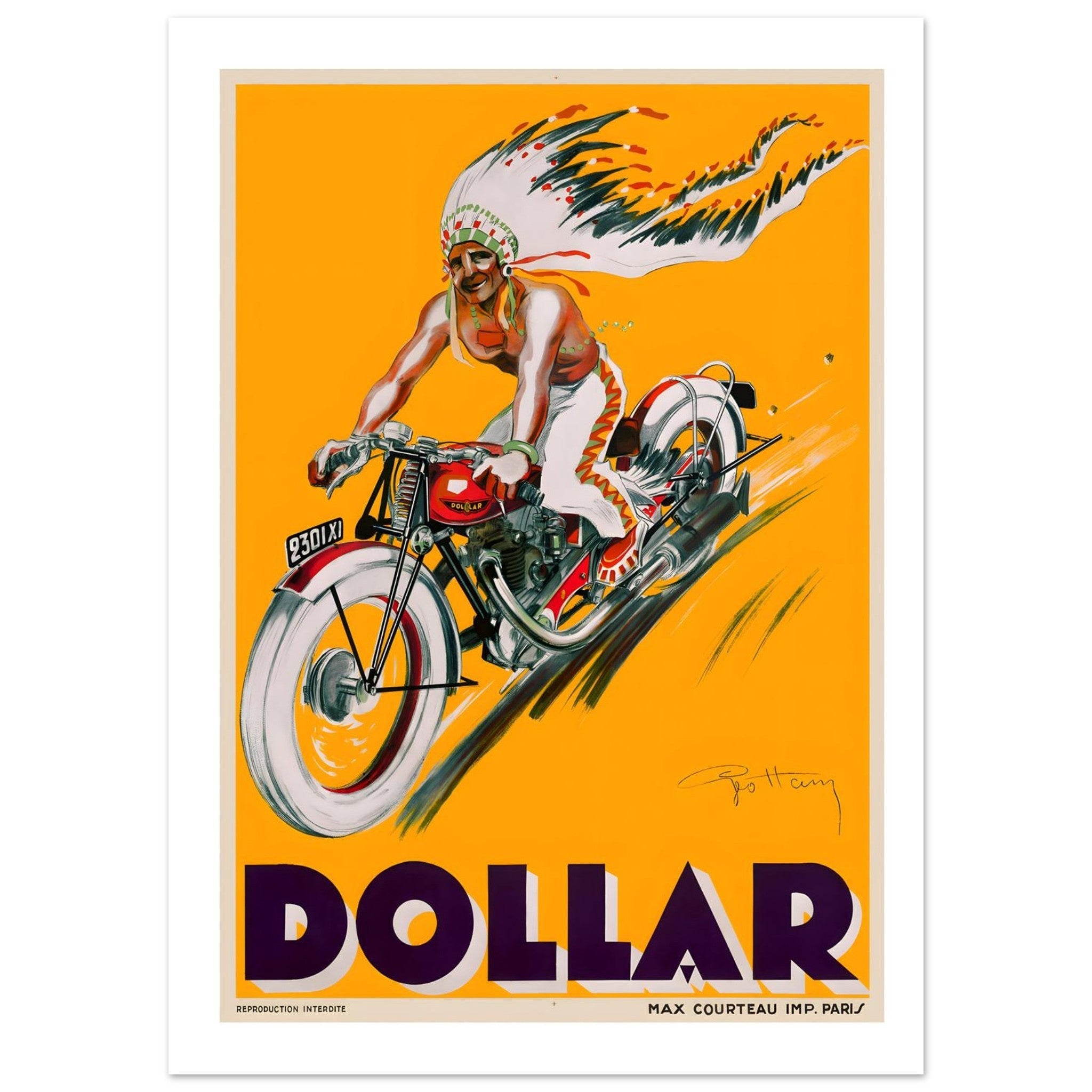 Dynamic Vintage Dollar Motorcycle Advertising Poster - Transit Art