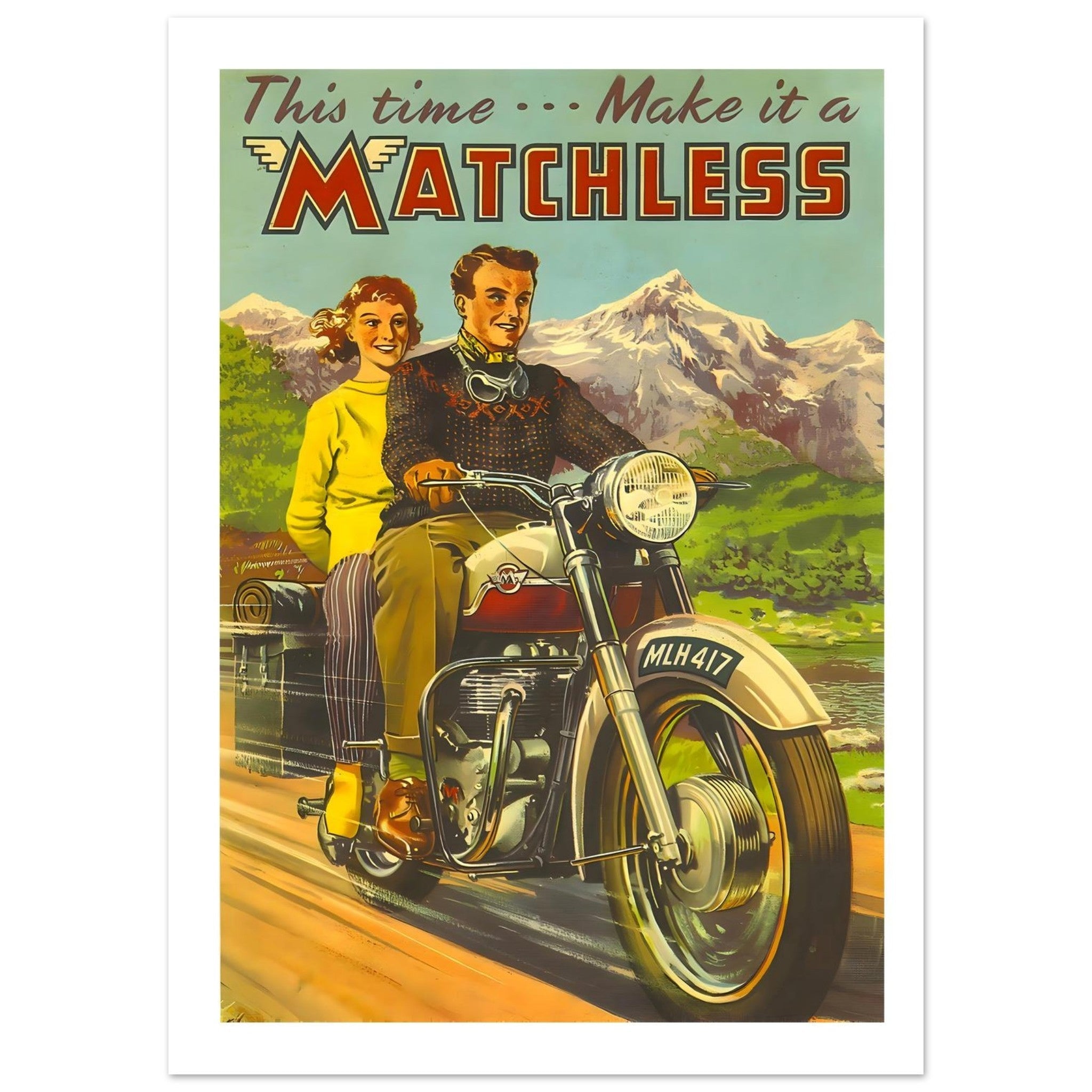 Matchless Motorcycle Advertisement with Scenic Landscape - Transit Art
