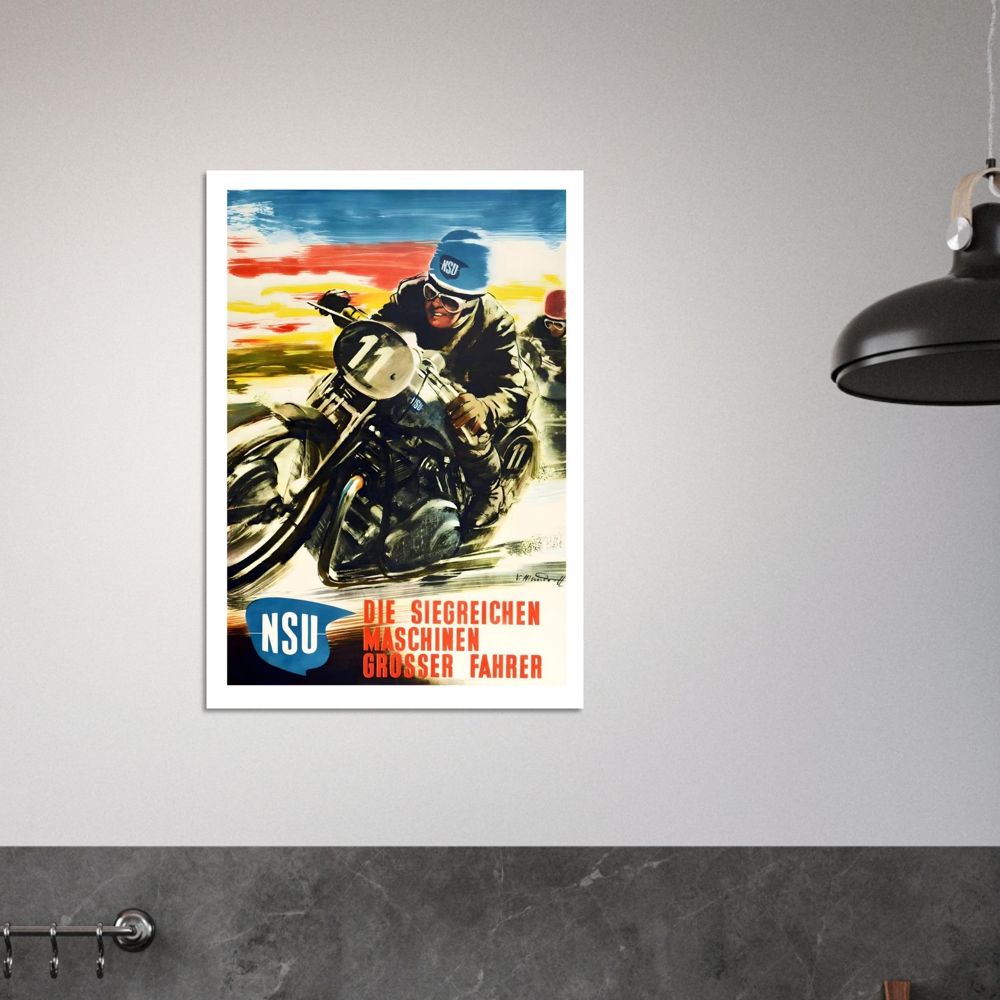 NSU Motorcycle Race Poster: Machines of Champions - Transit Art