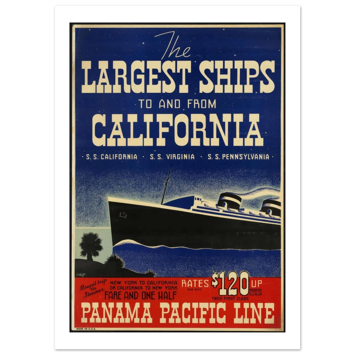 Panama Pacific Line "The Largest Ships to and from California" Vintage Poster - Transit Art