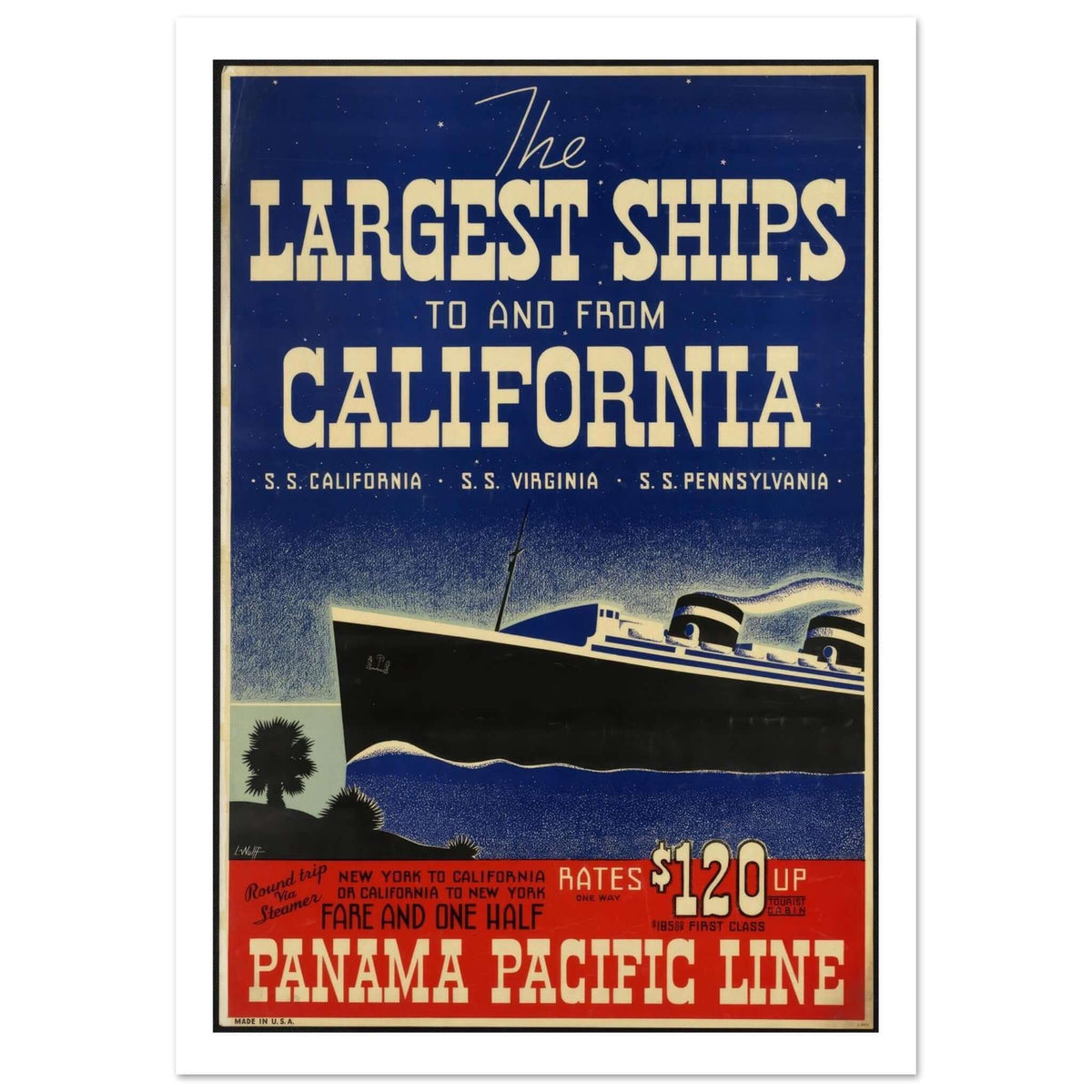 Panama Pacific Line "The Largest Ships to and from California" Vintage Poster - Transit Art
