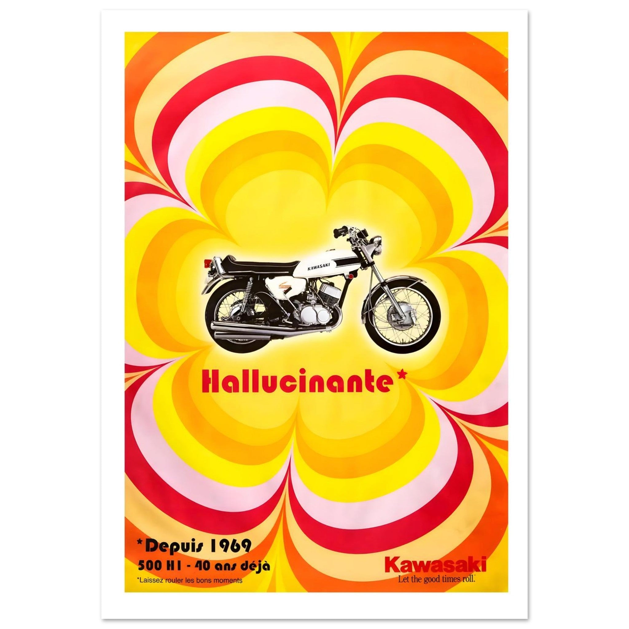 Psychedelic Kawasaki 500 H1 poster featuring a vibrant design with a sleek motorcycle and colorful concentric hearts.