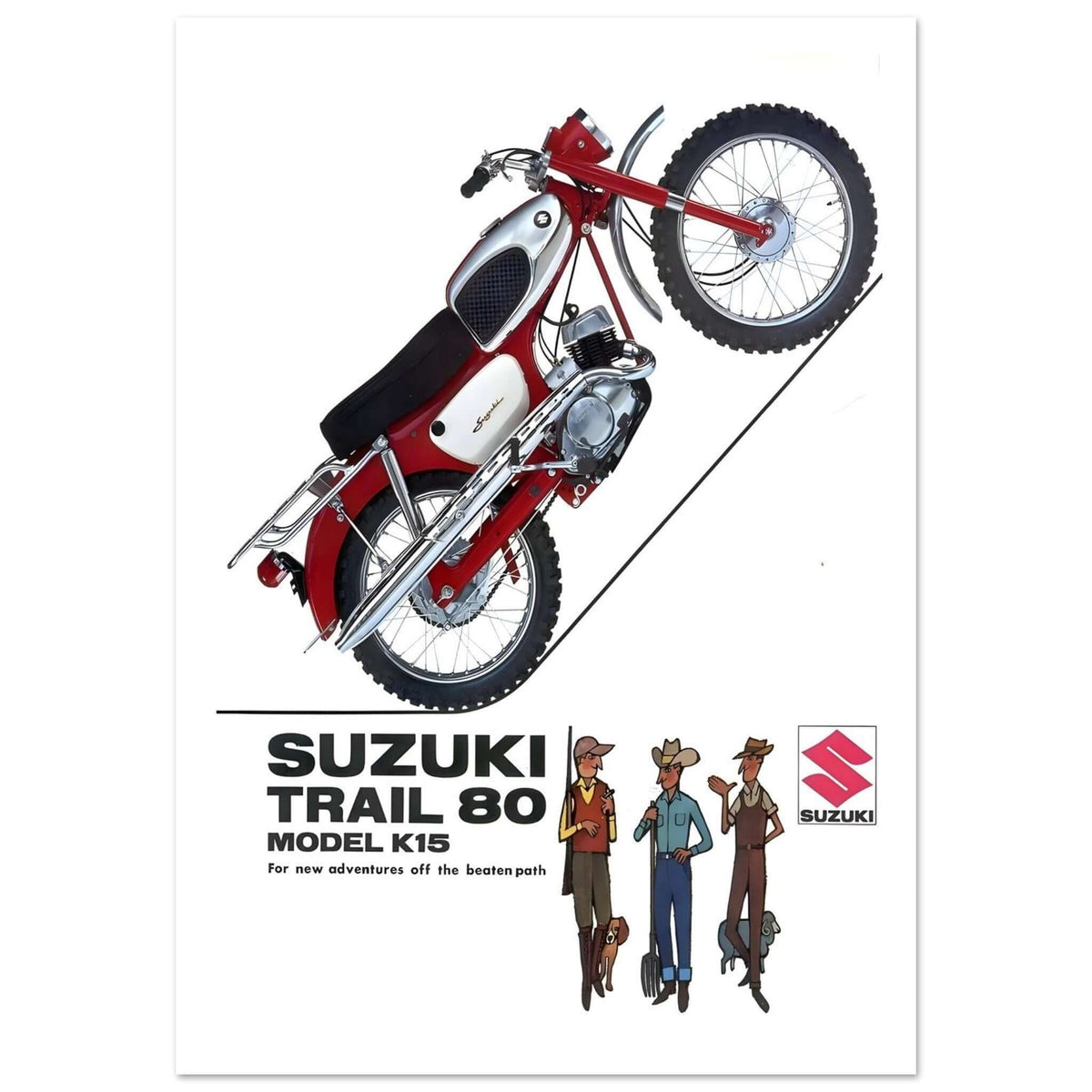 Suzuki Trail 80 motorcycle poster depicting the bike climbing a steep incline with three adventurers.