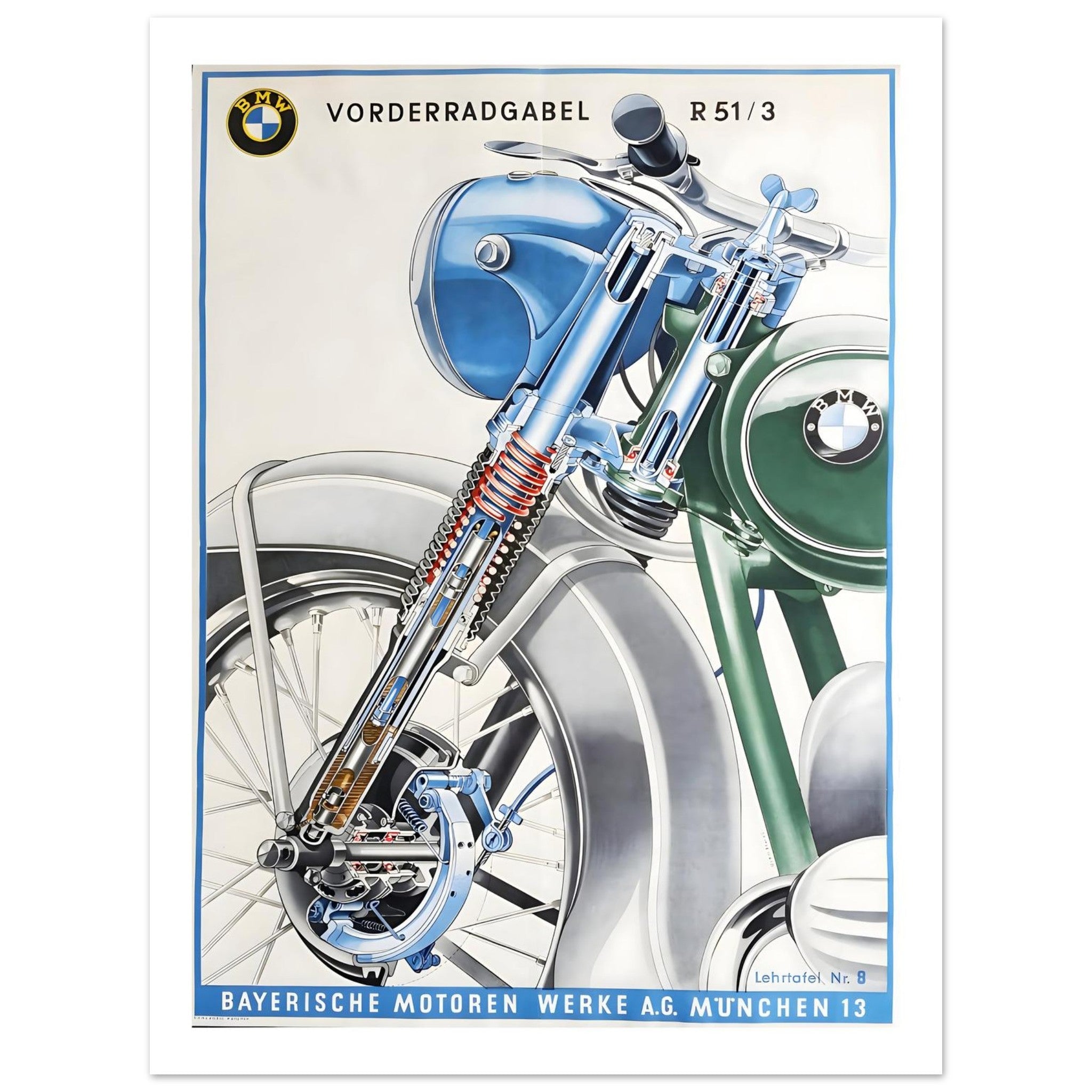 Technical BMW Motorcycle Fork Diagram Poster - Transit Art