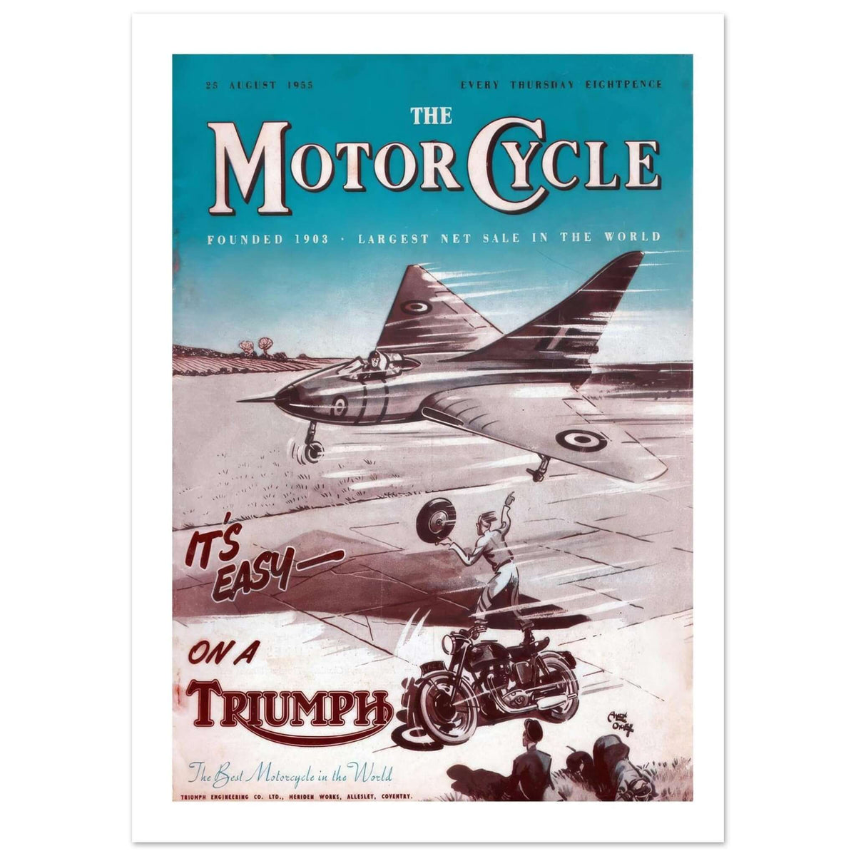 Vintage Triumph motorcycle advertisement featuring a motorcyclist and a jet plane with the text 'It's easy on a Triumph'.