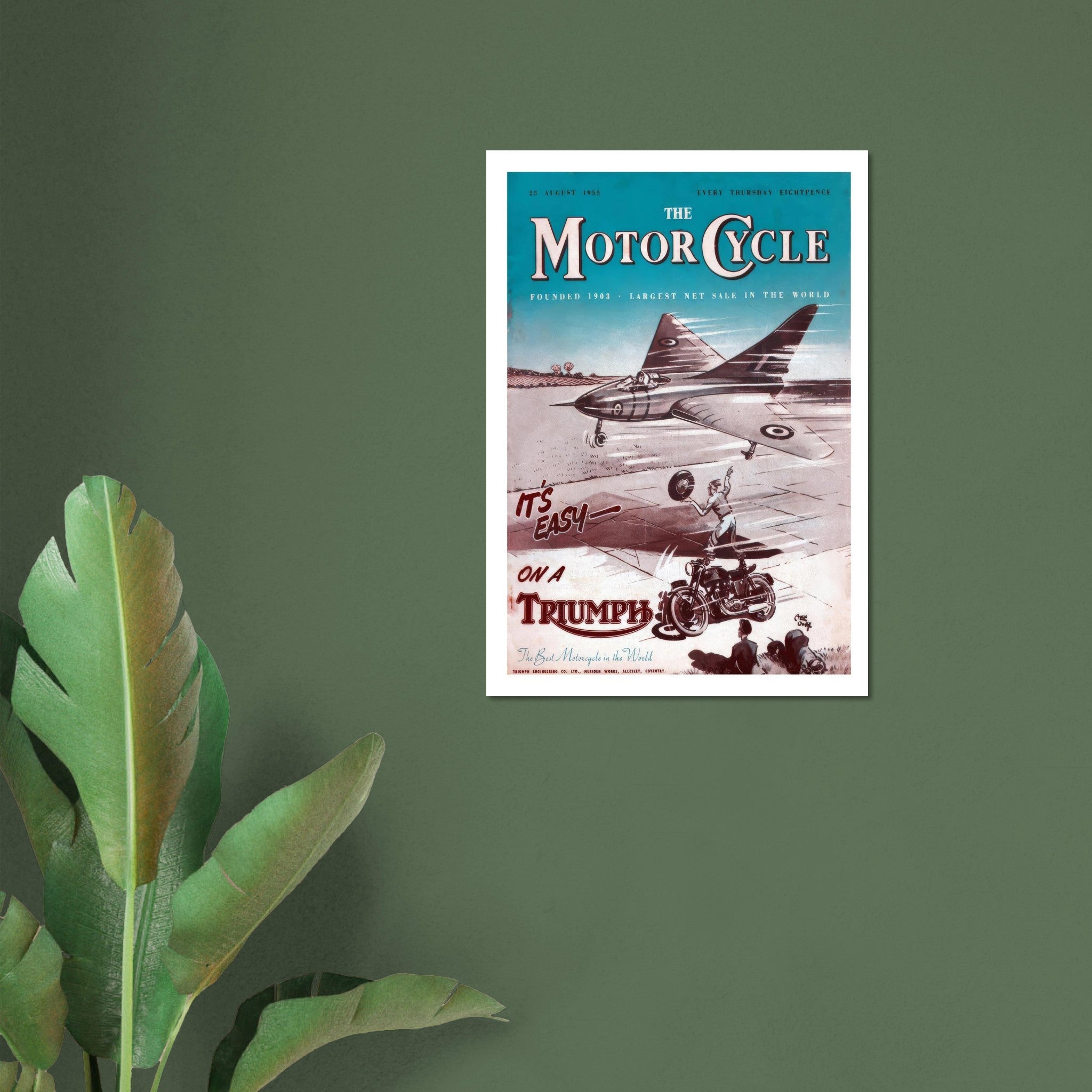Vintage Triumph motorcycle advertisement featuring a playful illustration of a motorcyclist and a jet plane.