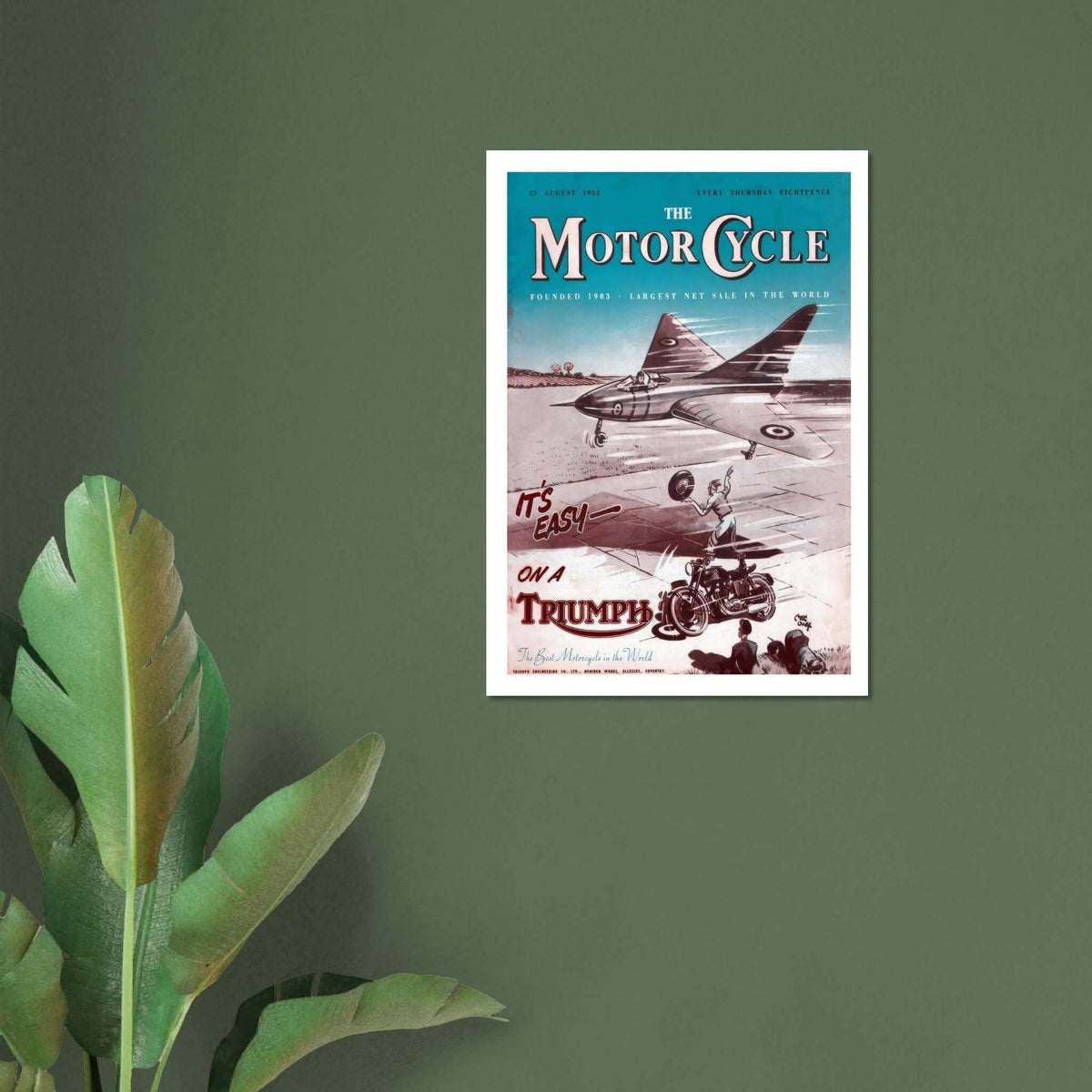 Vintage Triumph motorcycle advertisement featuring a playful illustration of a motorcyclist and a jet plane.