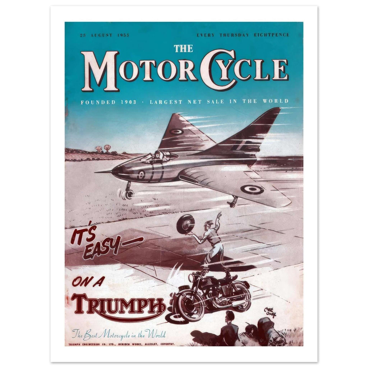 Vintage Triumph motorcycle advertisement with a jet plane, featuring the text 'It's easy on a Triumph'.