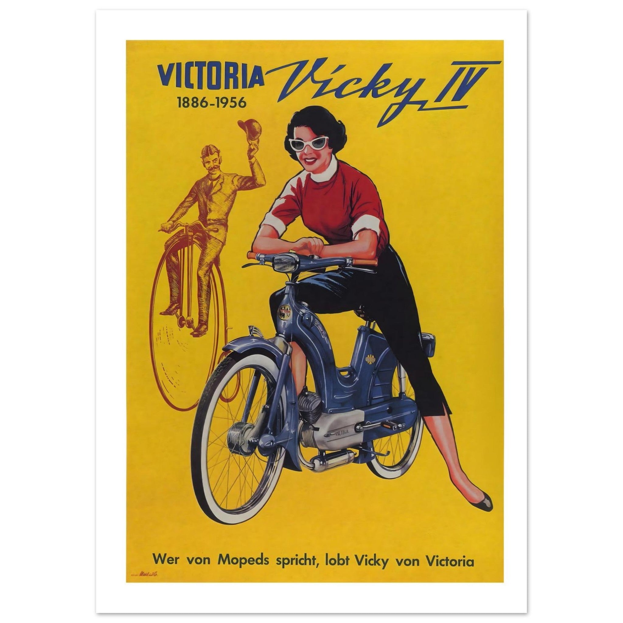 1956 Victoria Vicky IV moped advertisement featuring a woman riding a scooter with a vintage cyclist in the background.