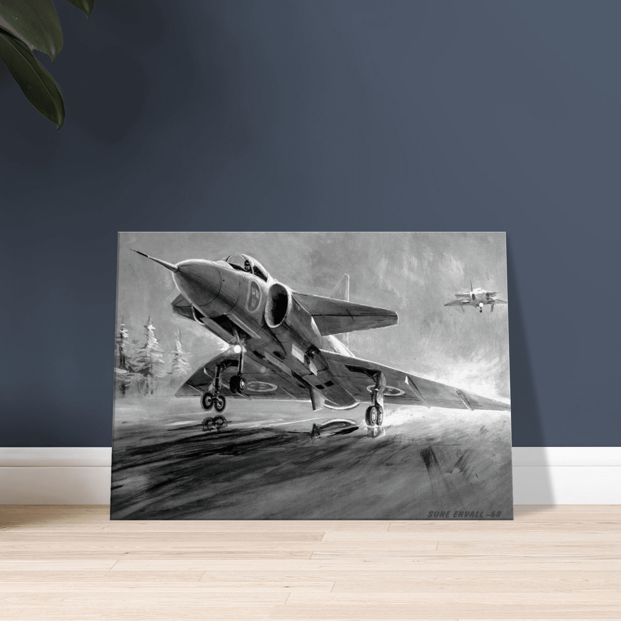 Viggen during landing canvas B&W - Transit Art