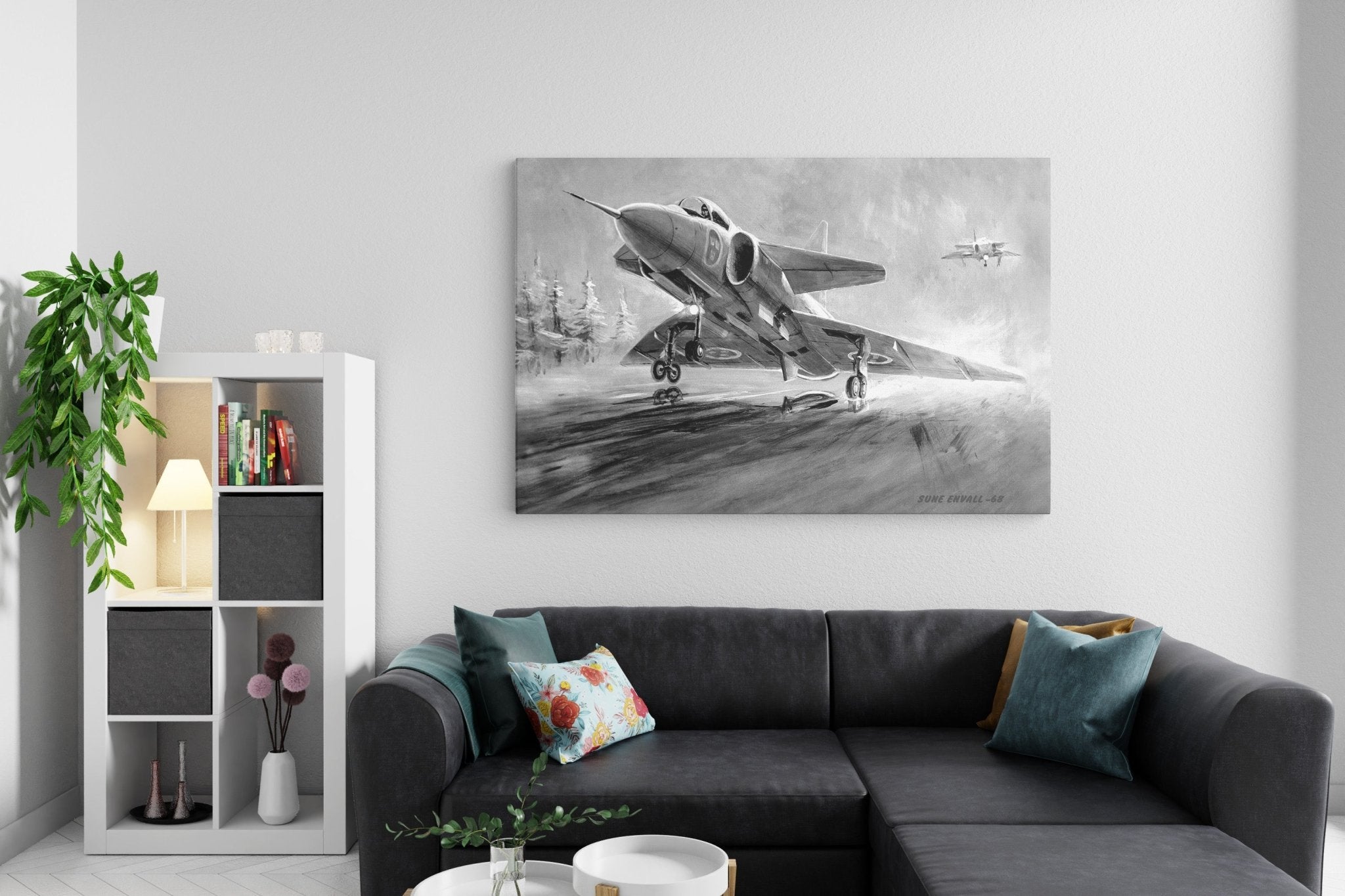 Viggen during landing canvas B&W - Transit Art