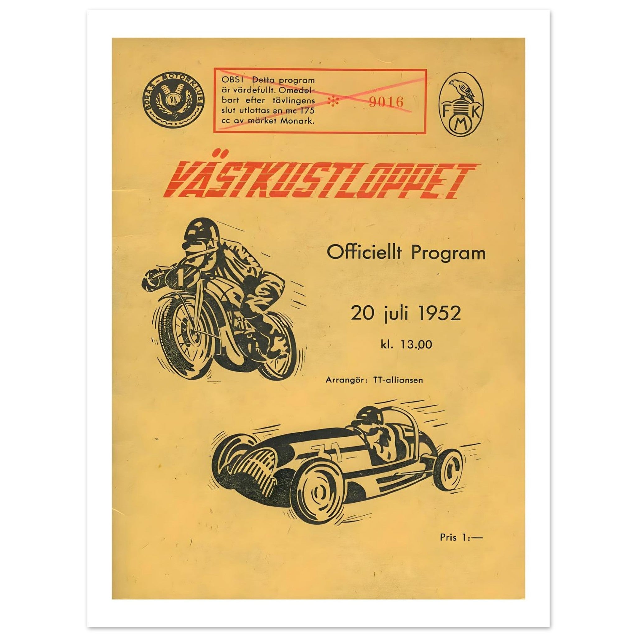 Vintage 1952 Västkustloppet Official Race Program - Transit Art