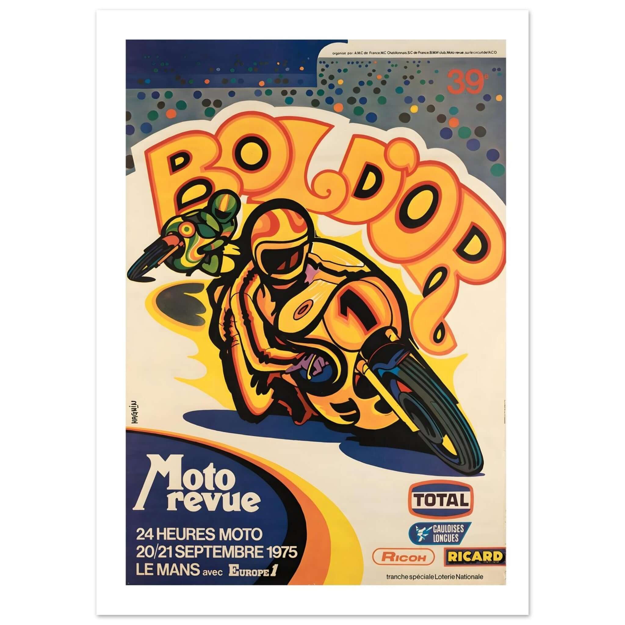 Vintage 1975 Bol d'Or Le Mans poster featuring vibrant artwork of motorcycle racers.