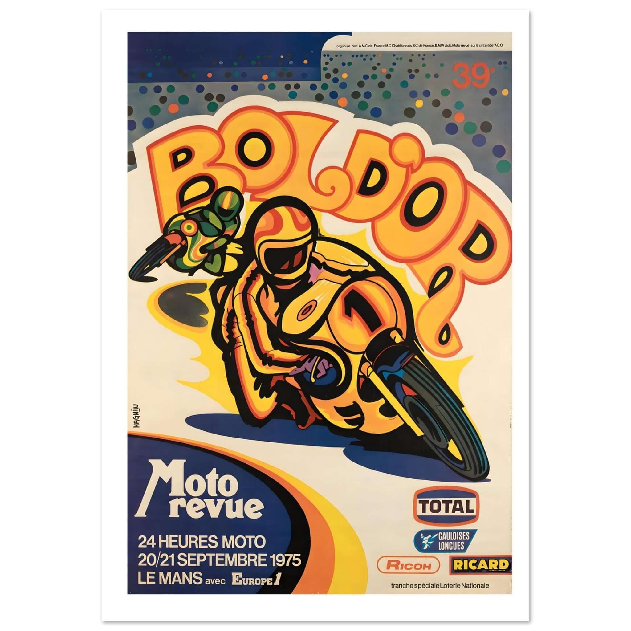 Vintage 1975 Bol d'Or Le Mans poster showcasing psychedelic artwork and motorcycle racers.
