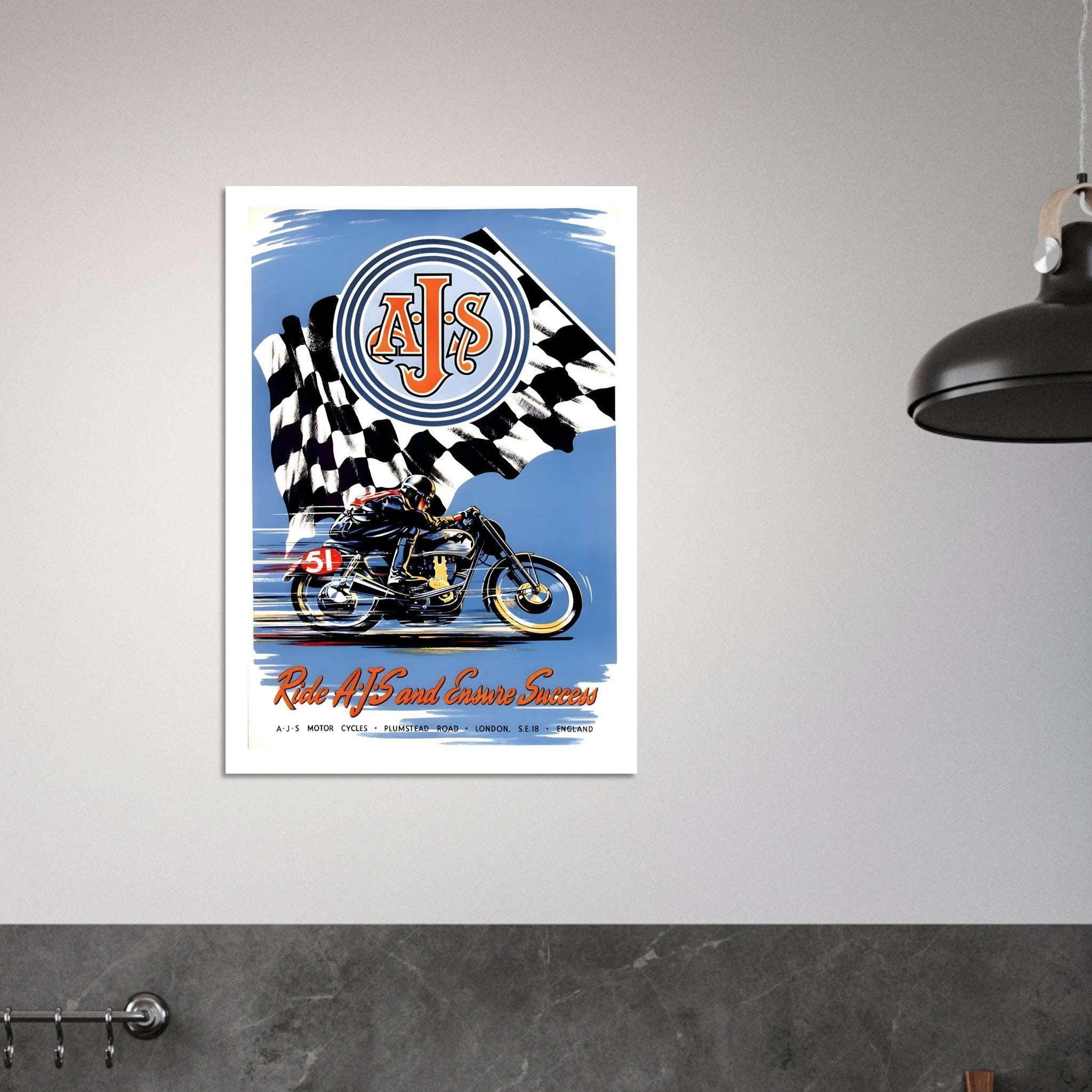Vintage AJS Success Checkered Flag Poster - Transit Art