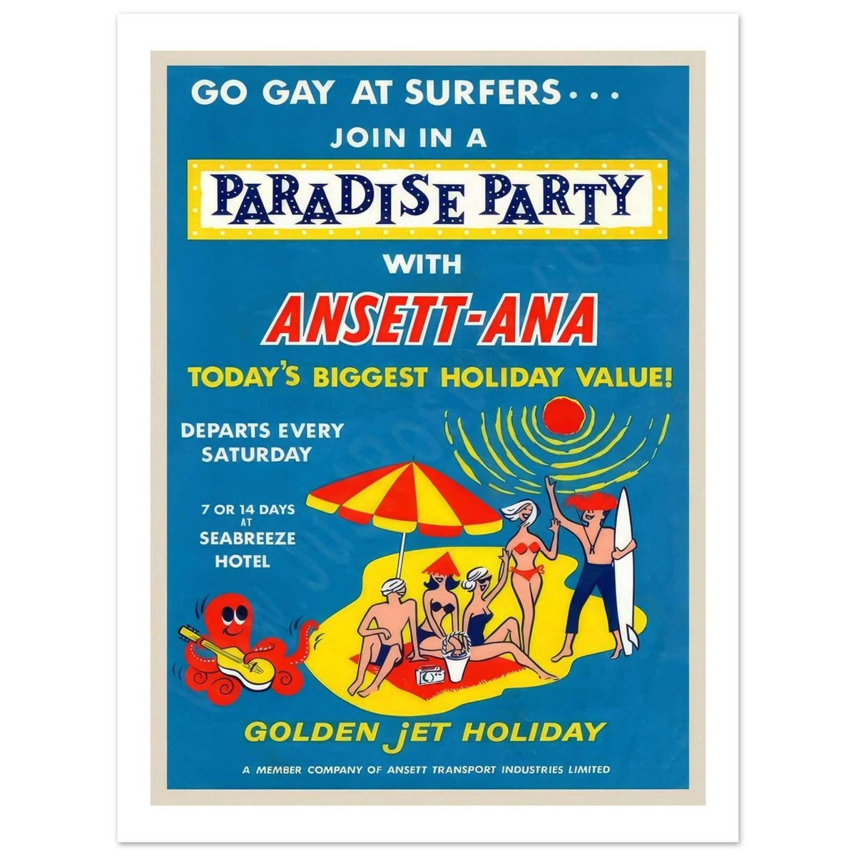 Vintage Ansett - ANA Travel Poster for a Surfers Paradise Holiday - Transit Art