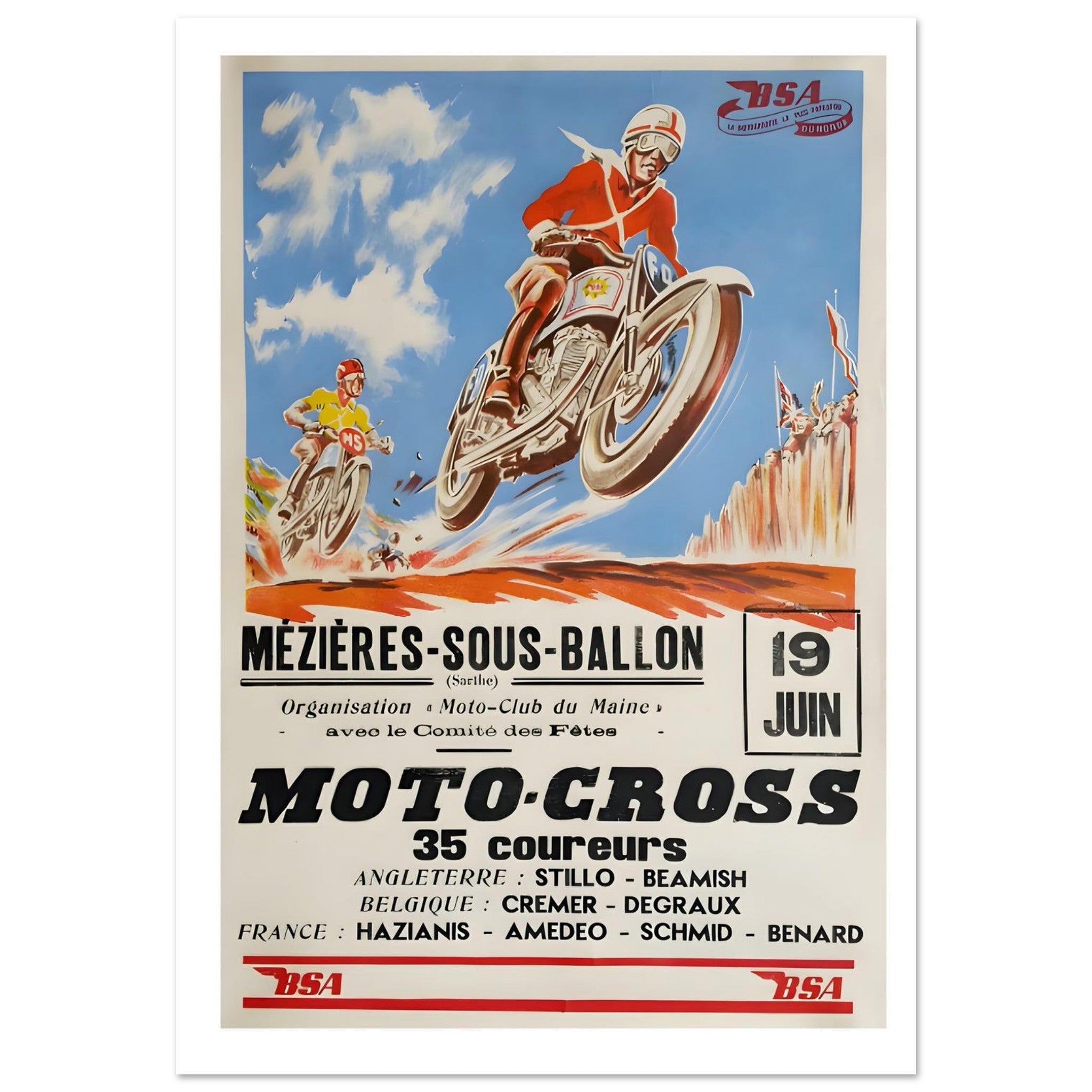 Vintage BSA Moto - Cross Poster From Mézières - sous - Ballon Racing Event - Transit Art