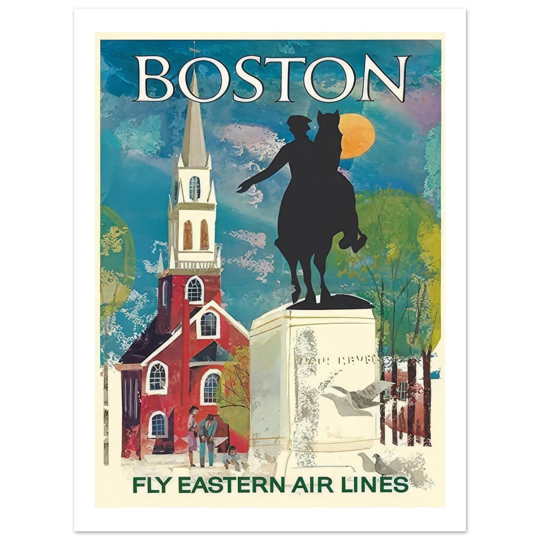 Vintage Boston travel poster featuring Paul Revere statue and Old North Church with colorful backdrop.