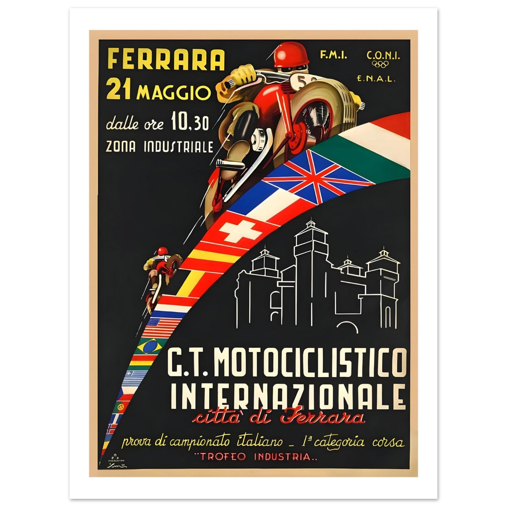 Vintage Italian racing poster featuring a dynamic motorcycle race in Ferrara with international flags.