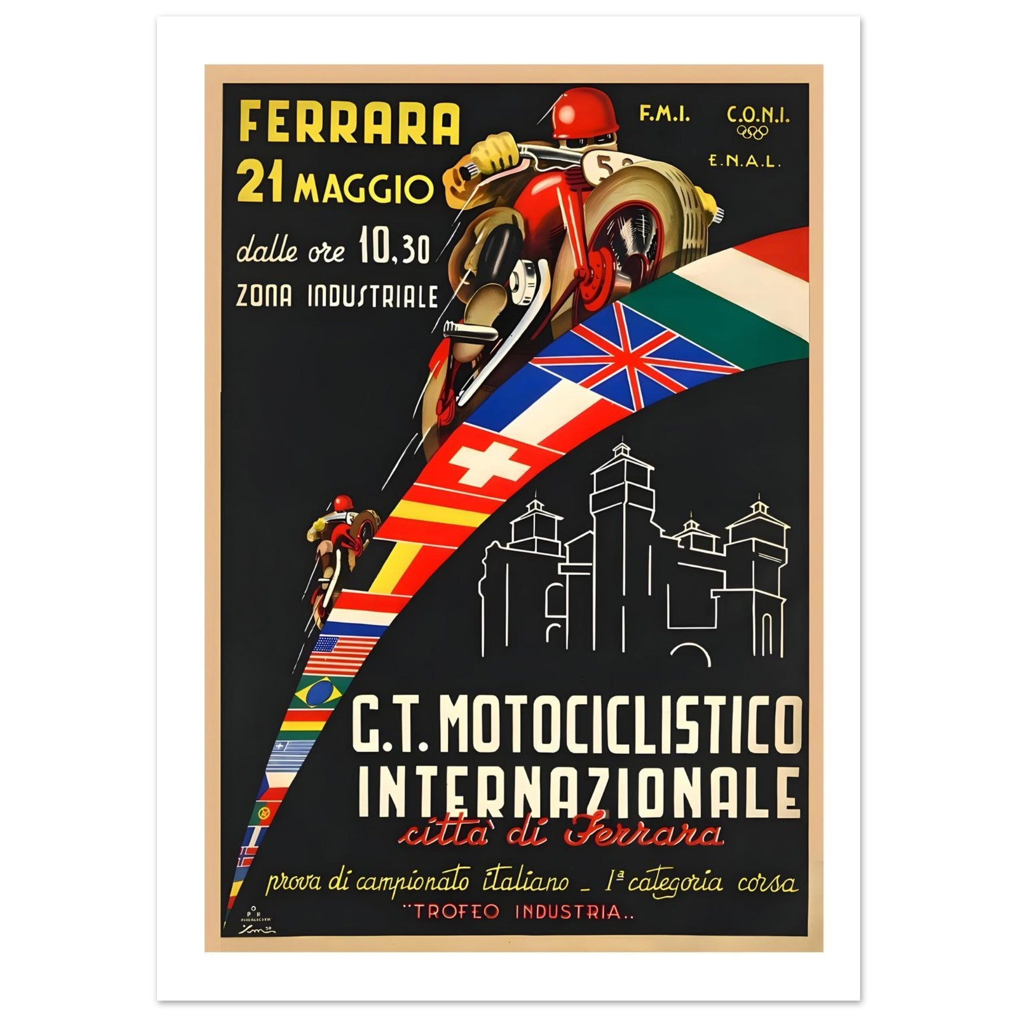 Vintage Italian racing poster featuring a dynamic racer in red and international flags for Ferrara's G.T. Motociclistico Internazionale.