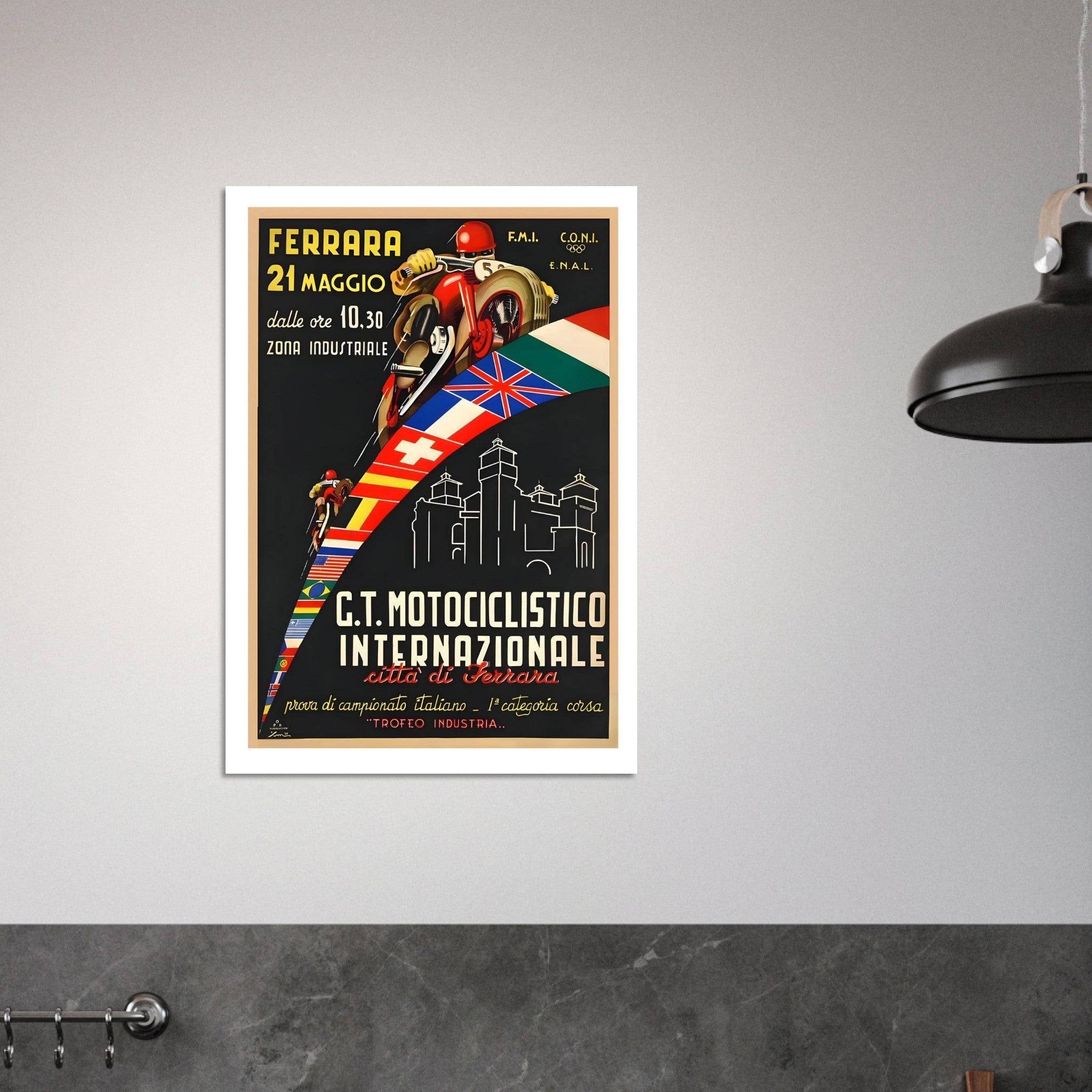 Vintage Italian racing poster featuring Italian motorsport event with flags and a dynamic racer.