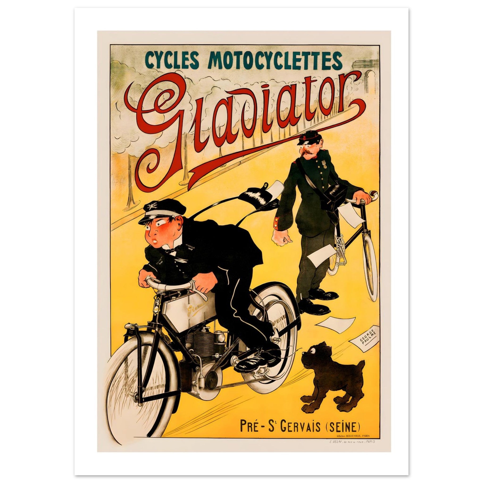 vintage motorcycle art poster featuring a whimsical Gladiator illustration of a young rider and postman.